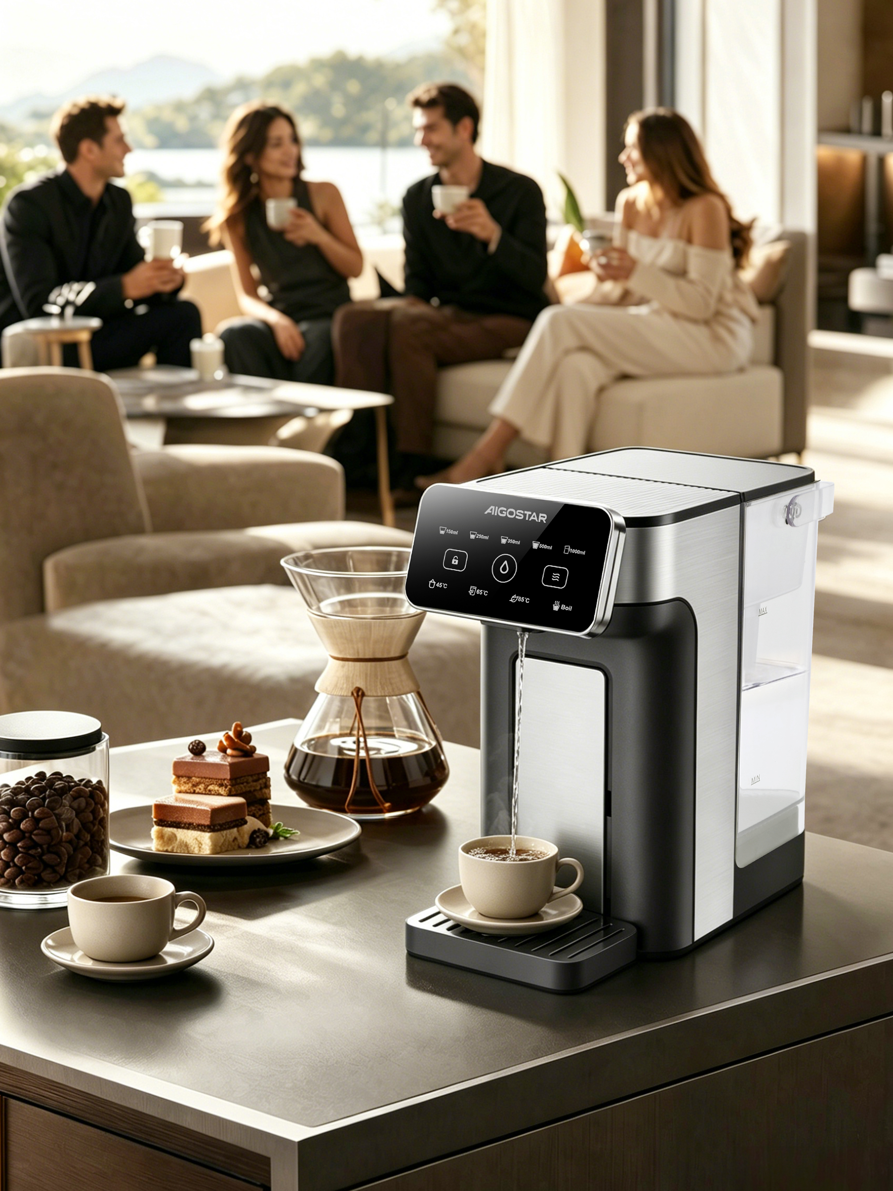 Ein Wasserspender füllt eine Tasse, daneben Kuchen, Bohnen und Chemex-Kaffeebereiter.