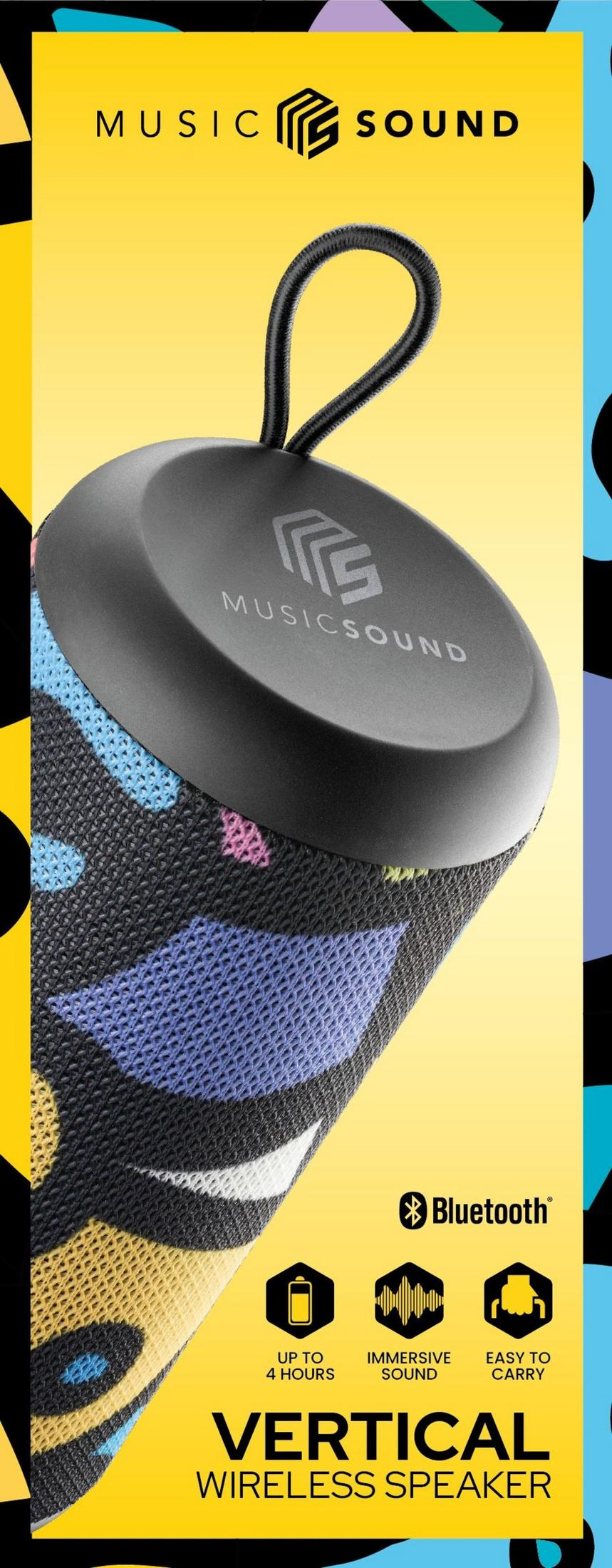 Altoparlante Bluetooth verticale con motivo colorato e anello.