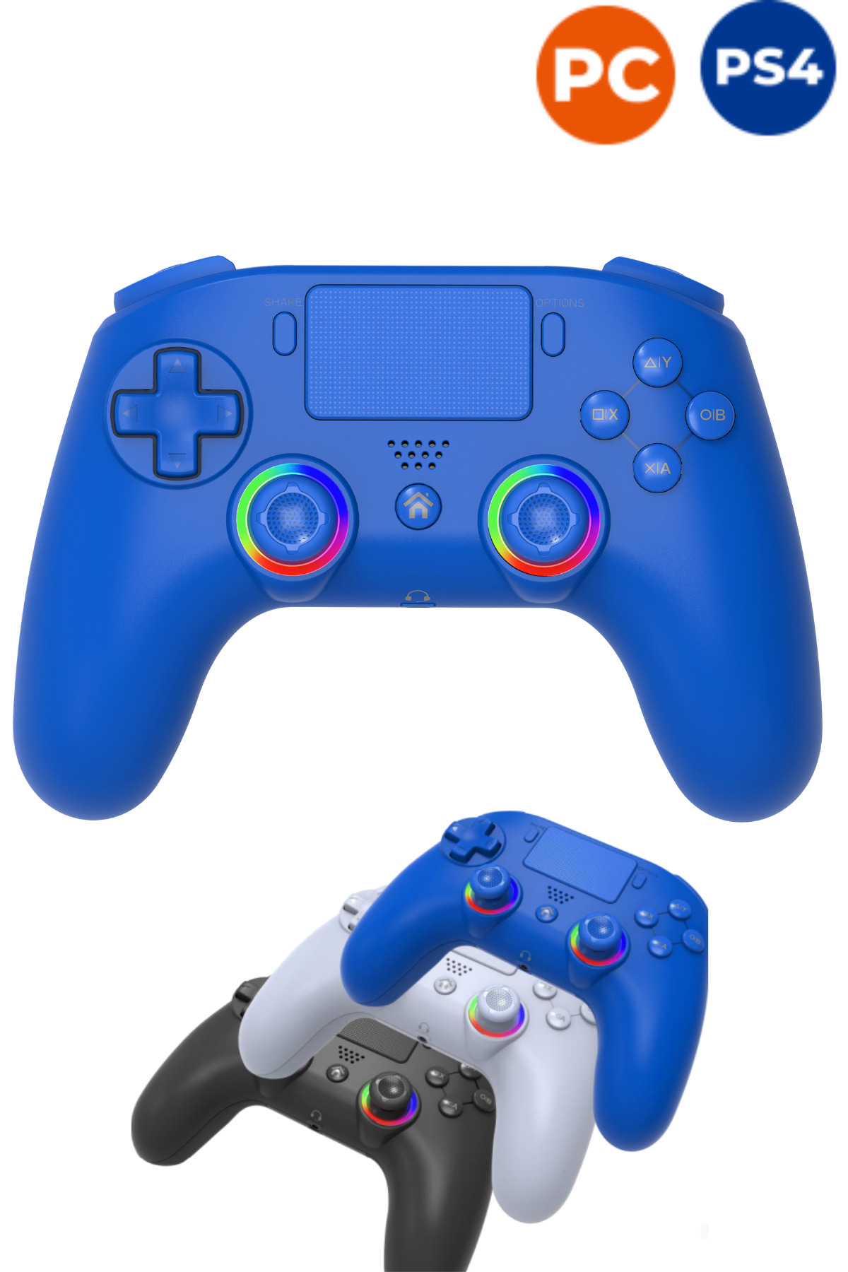 RGB vurgulu mavi, beyaz ve siyah oyun kumandaları, üstte PC/PS4 logoları.