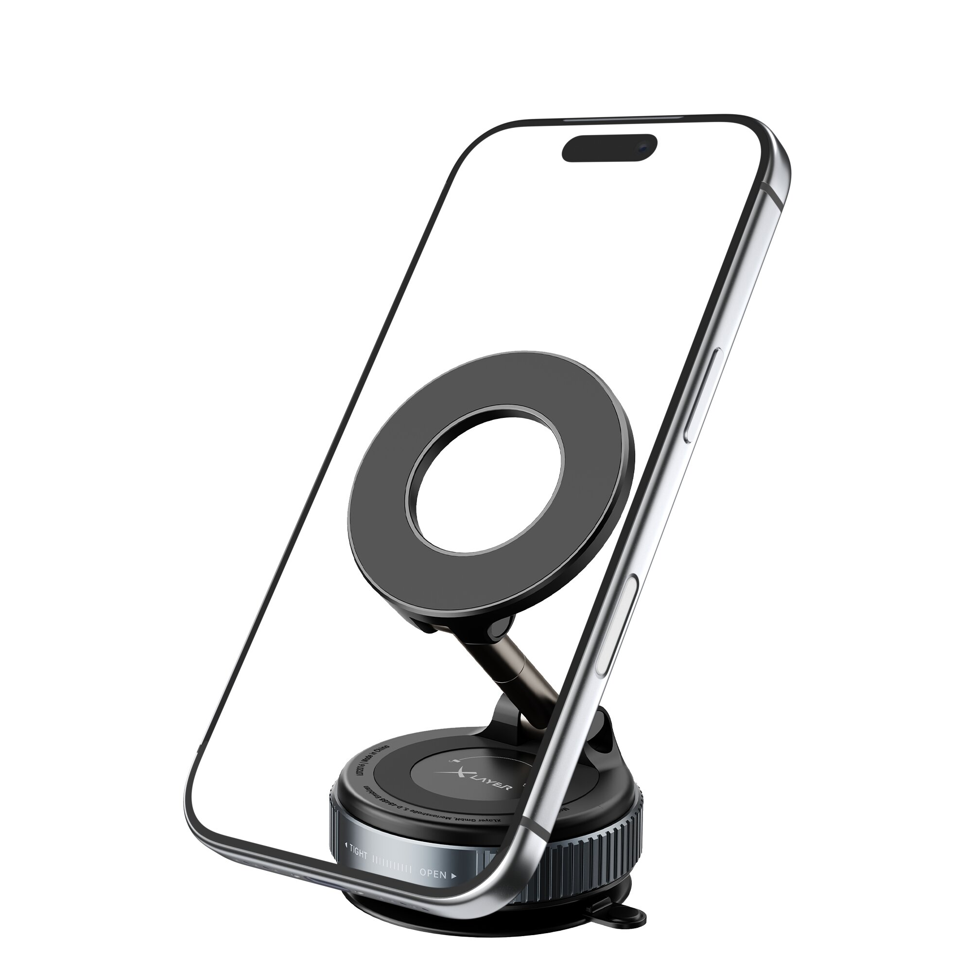 Ein Smartphone ist auf einem schwarzen Saugnapfständer montiert.