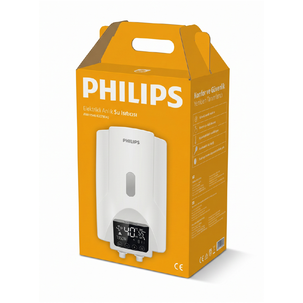 Dijital ekranlı Philips ani su ısıtıcısının ambalajı.