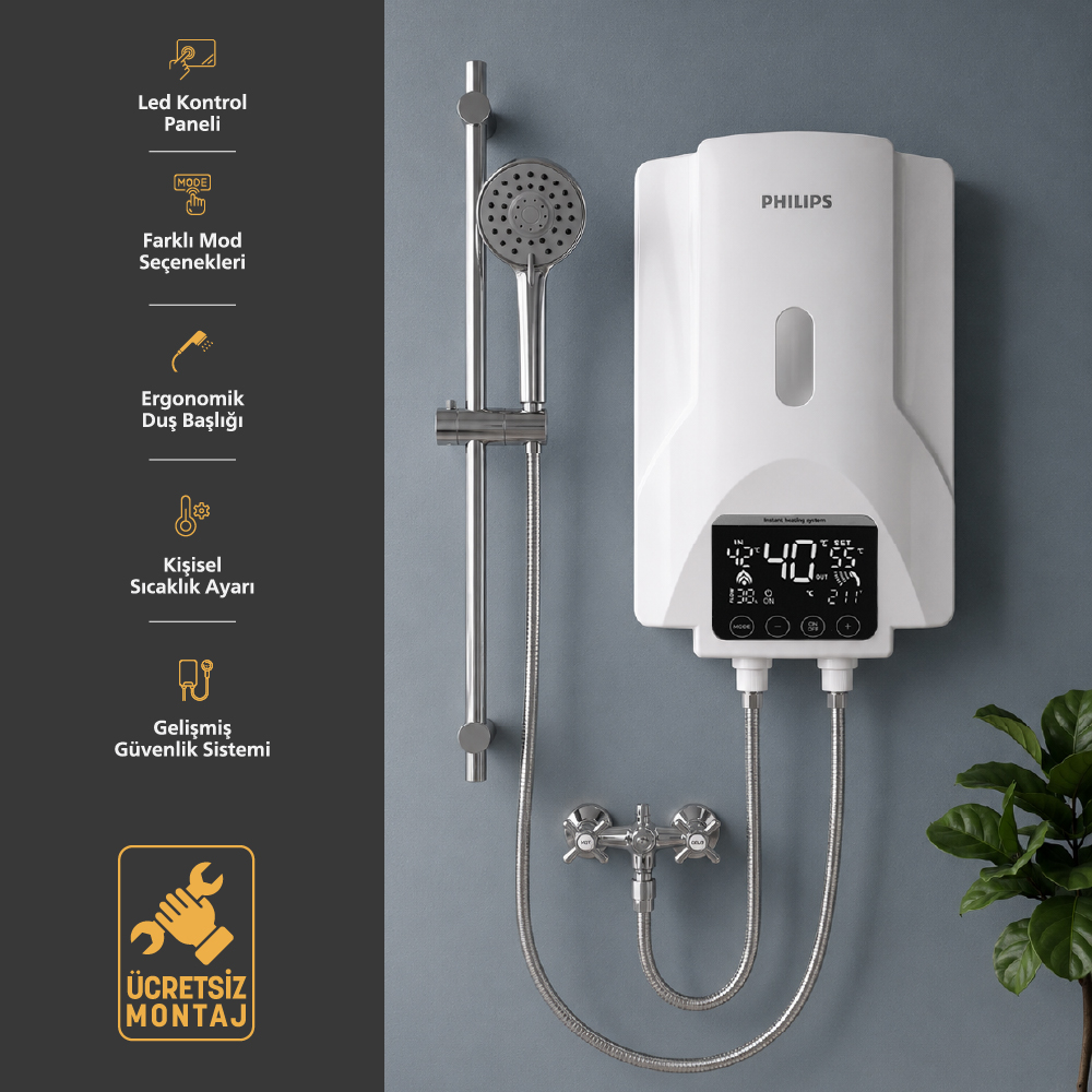 Gri duvarda duş başlığı ve bataryası olan beyaz Philips ani su ısıtıcı.