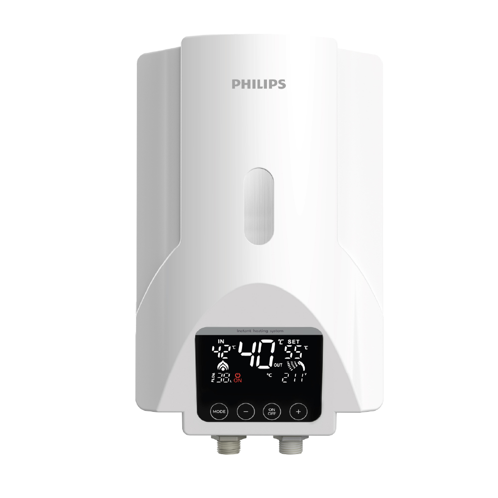 Sıcaklıkları gösteren dijital ekrana sahip beyaz bir Philips su ısıtıcısı.