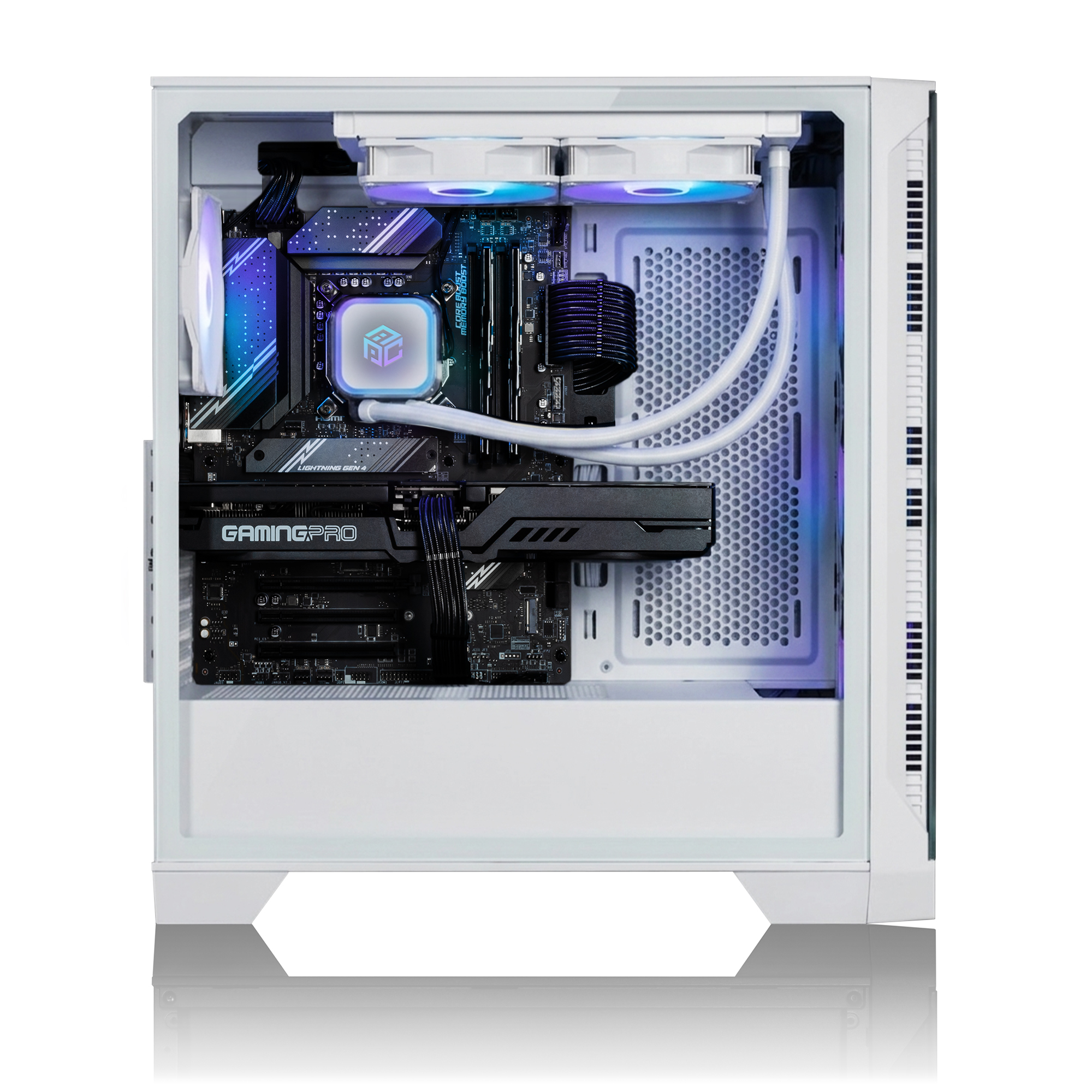 Case PC bianco con componenti interni, illuminazione RGB e raffreddamento a liquido.