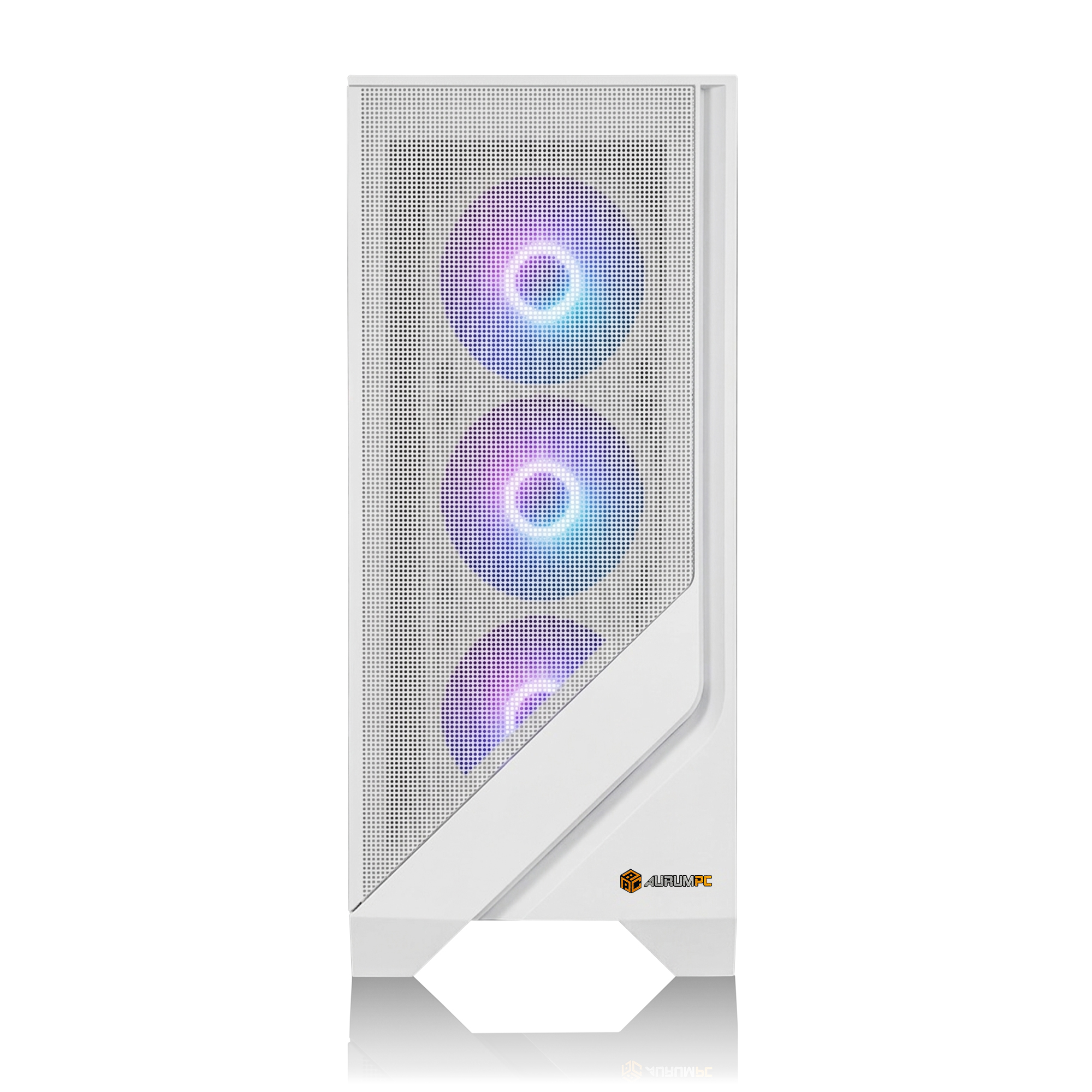 Un case PC bianco con tre ventole RGB sul davanti.