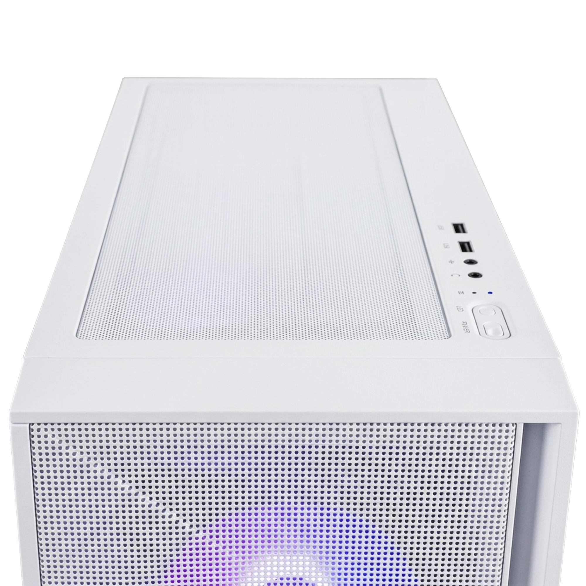 Un case per PC bianco con ventole anteriori luminose viola e blu.