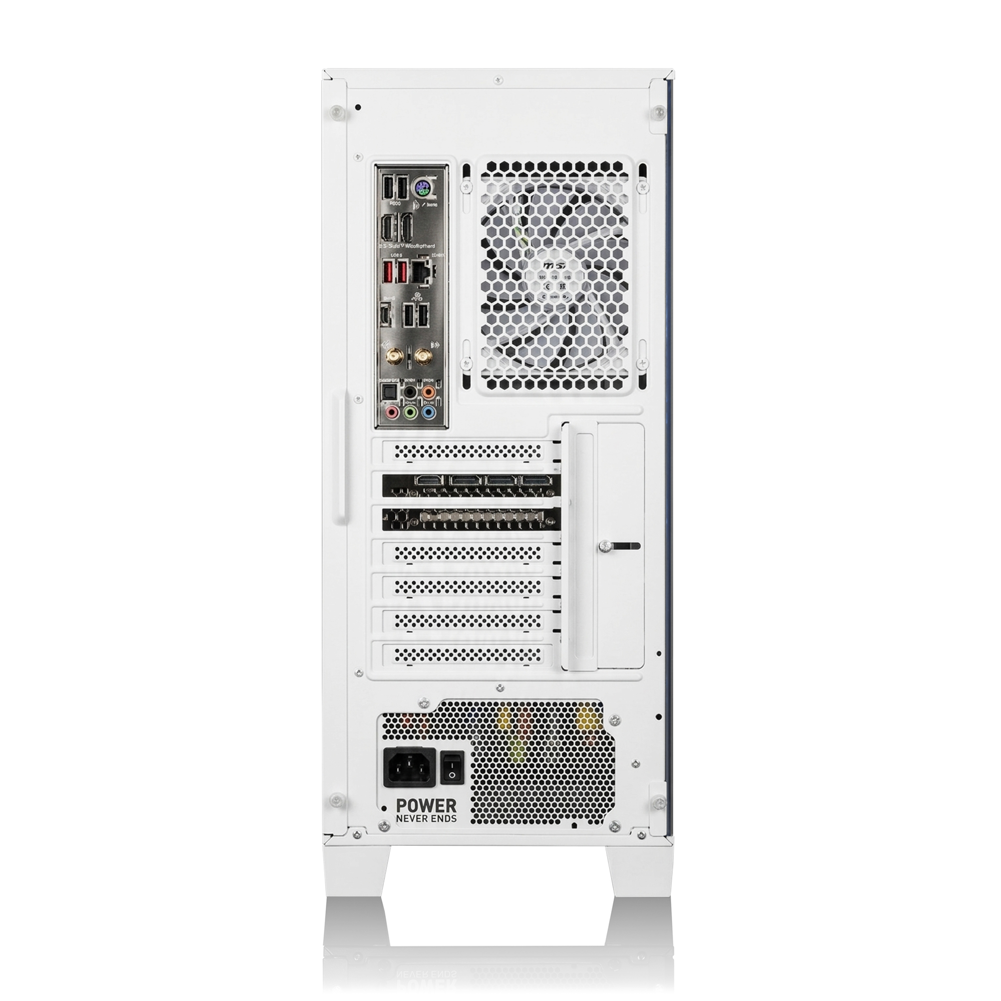 Retro di un case per computer bianco con porte, ventole e alimentatore.