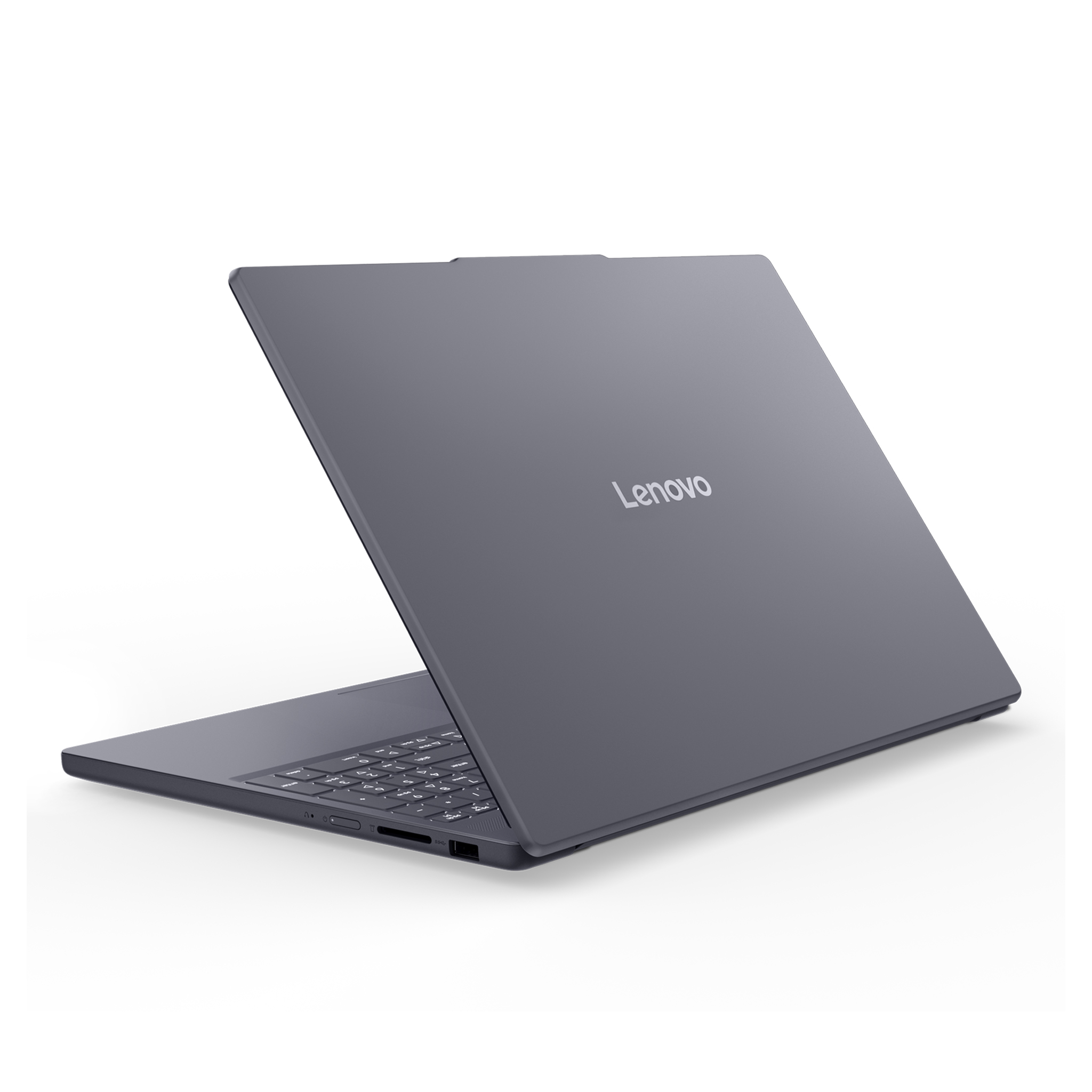 Klavye ve portları gösteren kapalı gri Lenovo dizüstü bilgisayar.