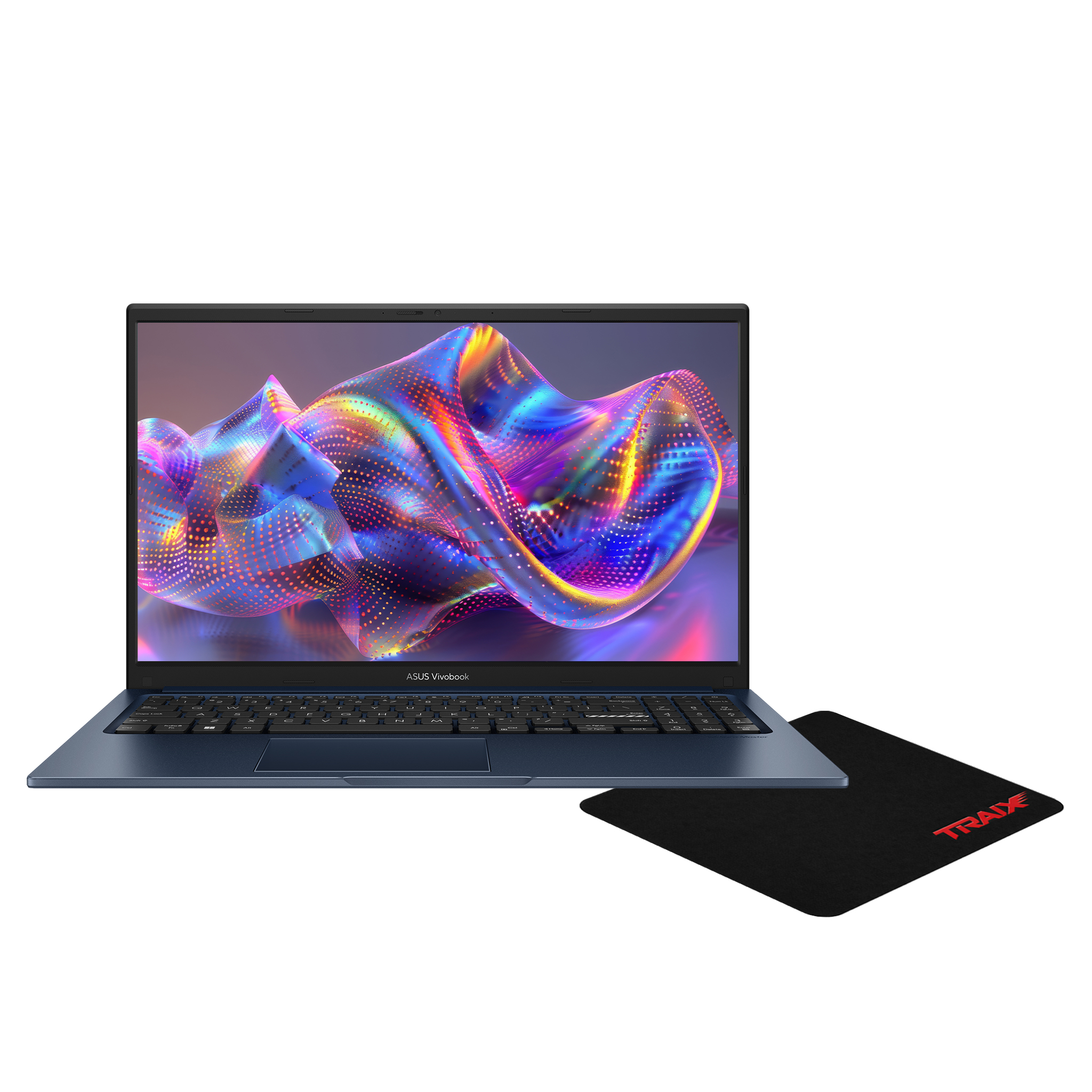 Renkli ekranlı mavi Asus Vivobook dizüstü bilgisayar ve siyah fare altlığı.