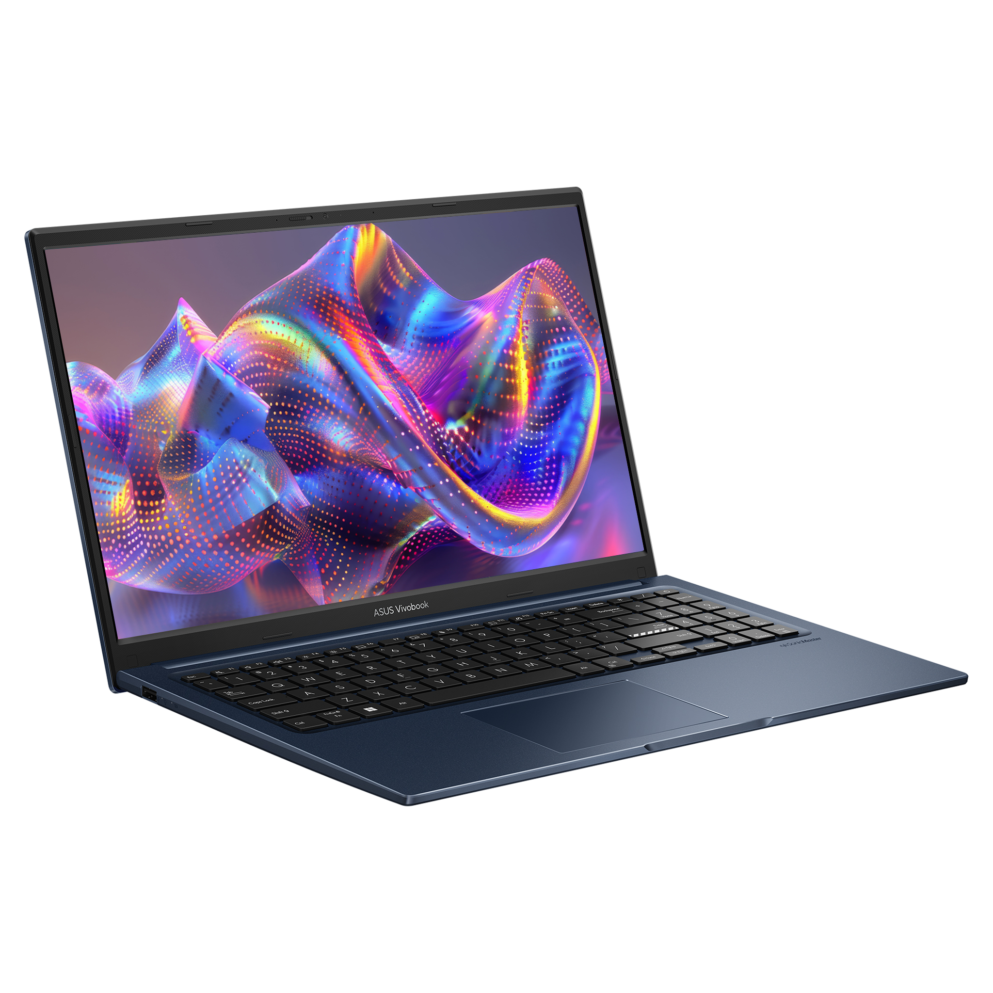 Renkli soyut duvar kağıdı gösteren açık mavi Asus Vivobook dizüstü bilgisayar.