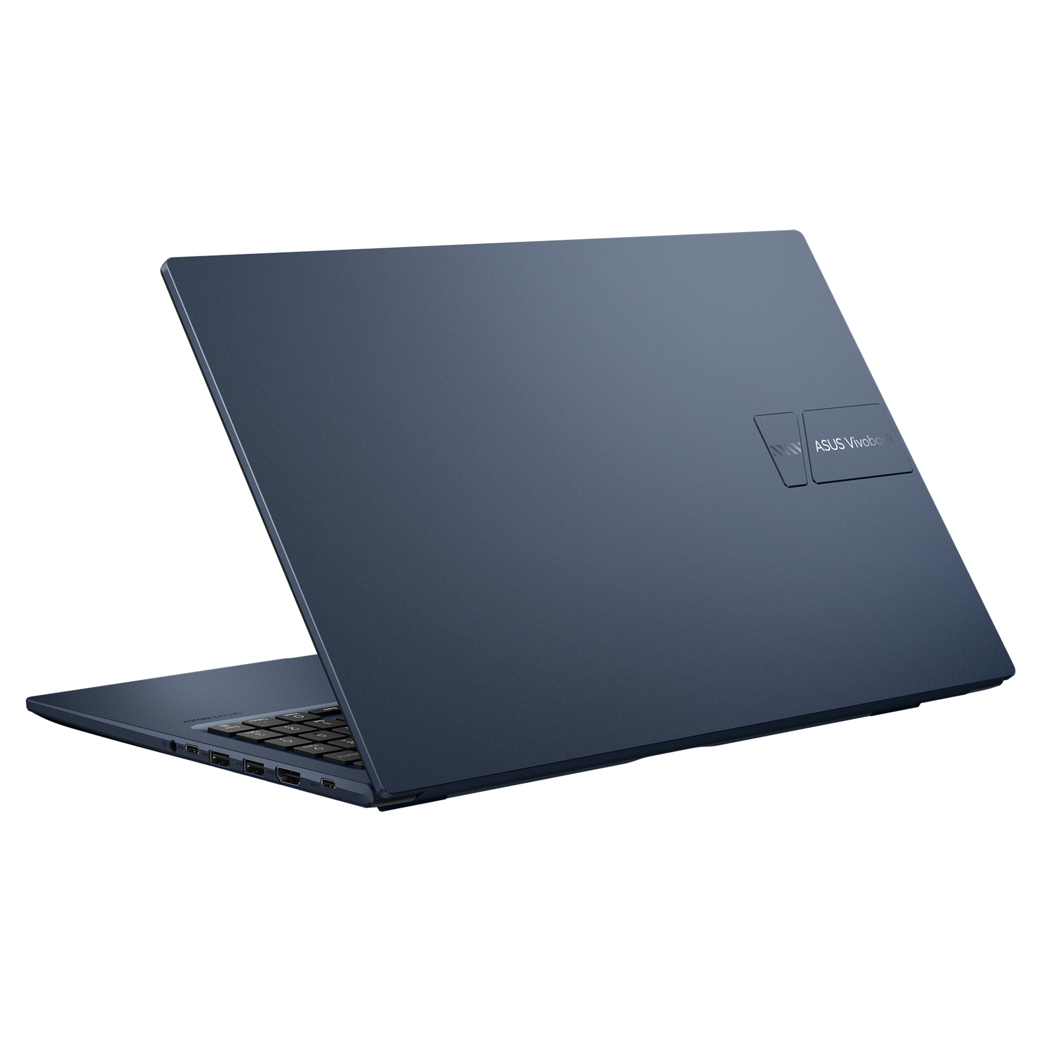Açık ekranlı, ASUS Vivobook logosu görünen koyu mavi dizüstü bilgisayar.