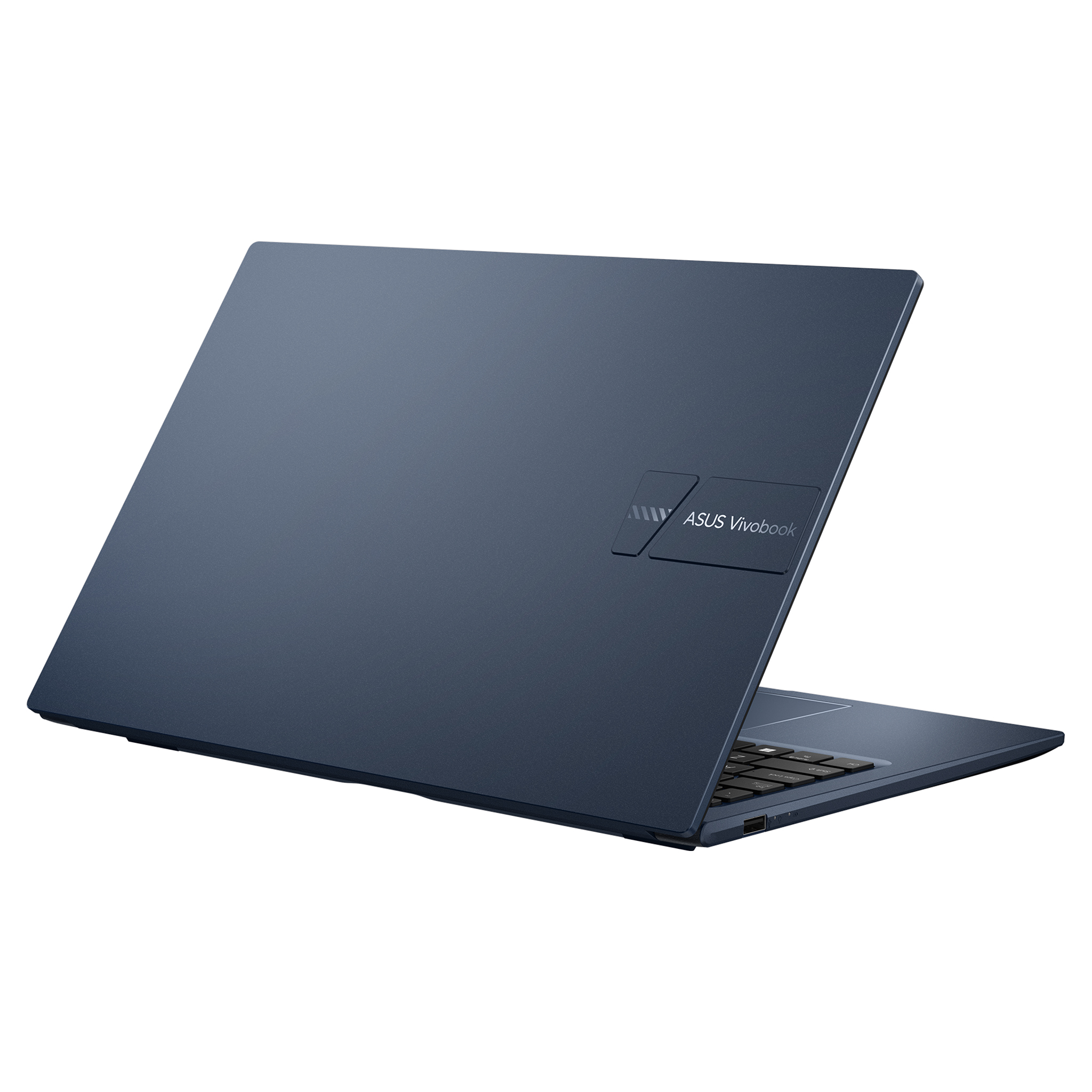 Beyaz arka plan üzerinde koyu mavi Asus Vivobook dizüstü bilgisayar.