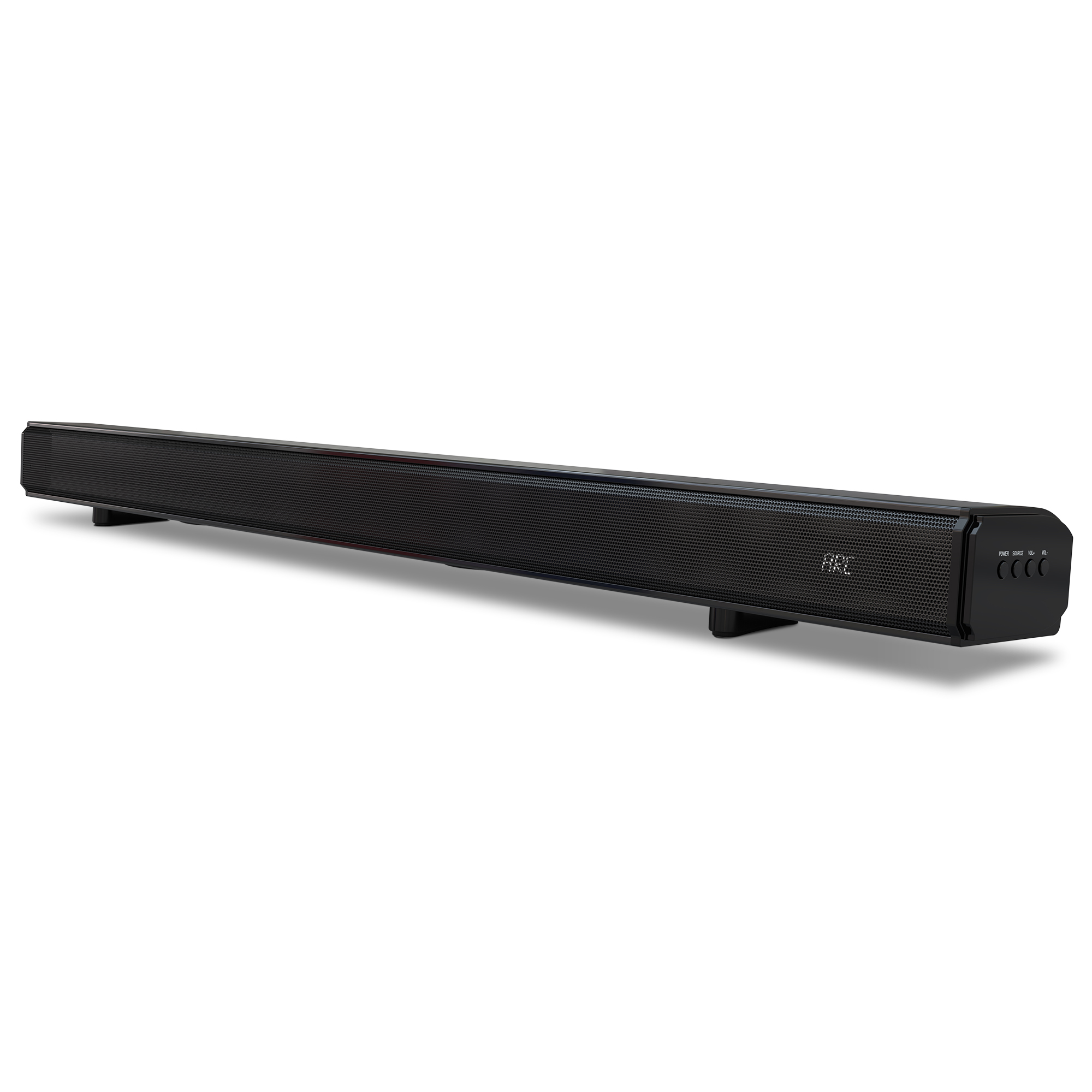Ein schwarzer, rechteckiger Soundbar mit Gitterfront und Bedienelementen.