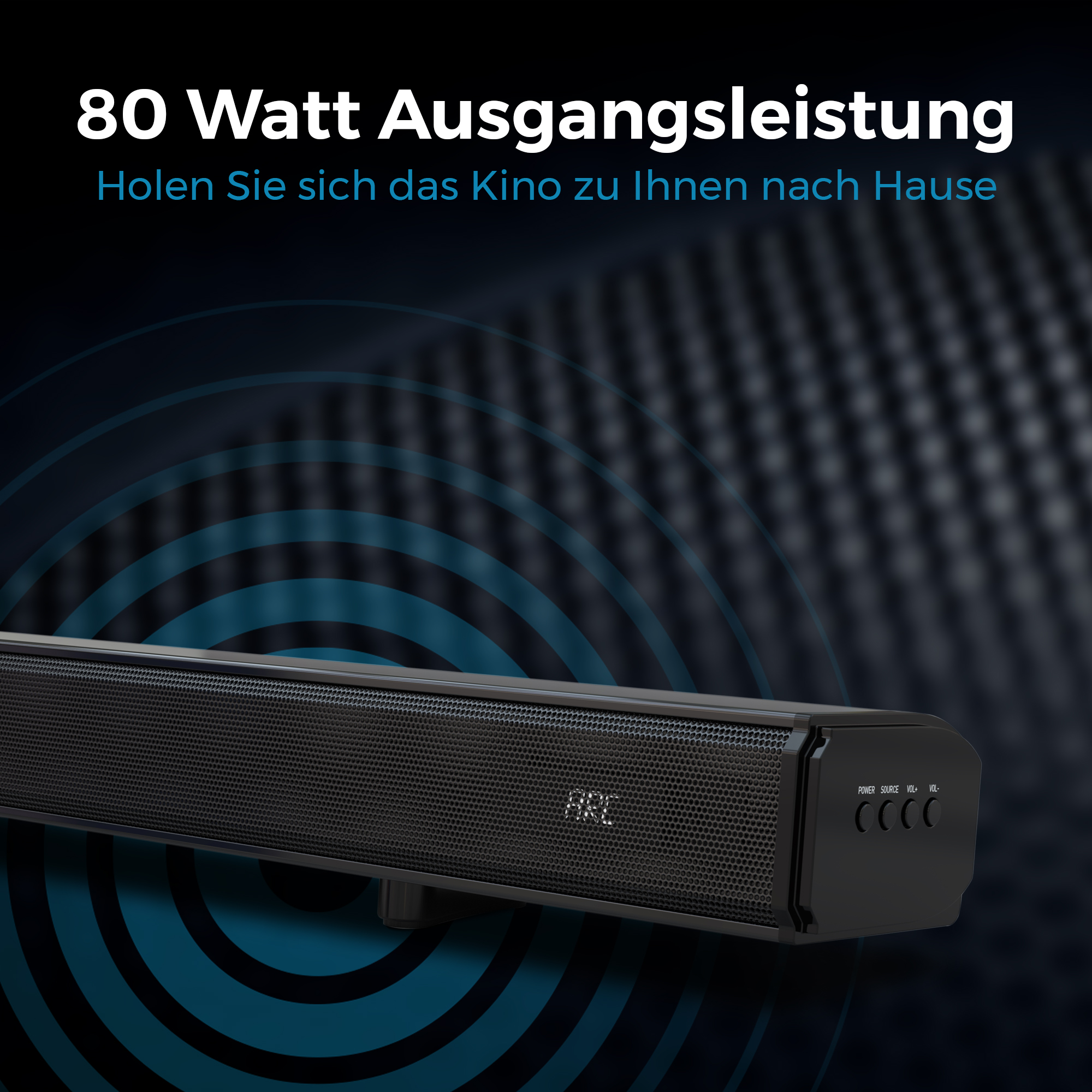 Schwarzer Soundbar mit 80 Watt Leistung, blauen Wellenlinien und Tasten.
