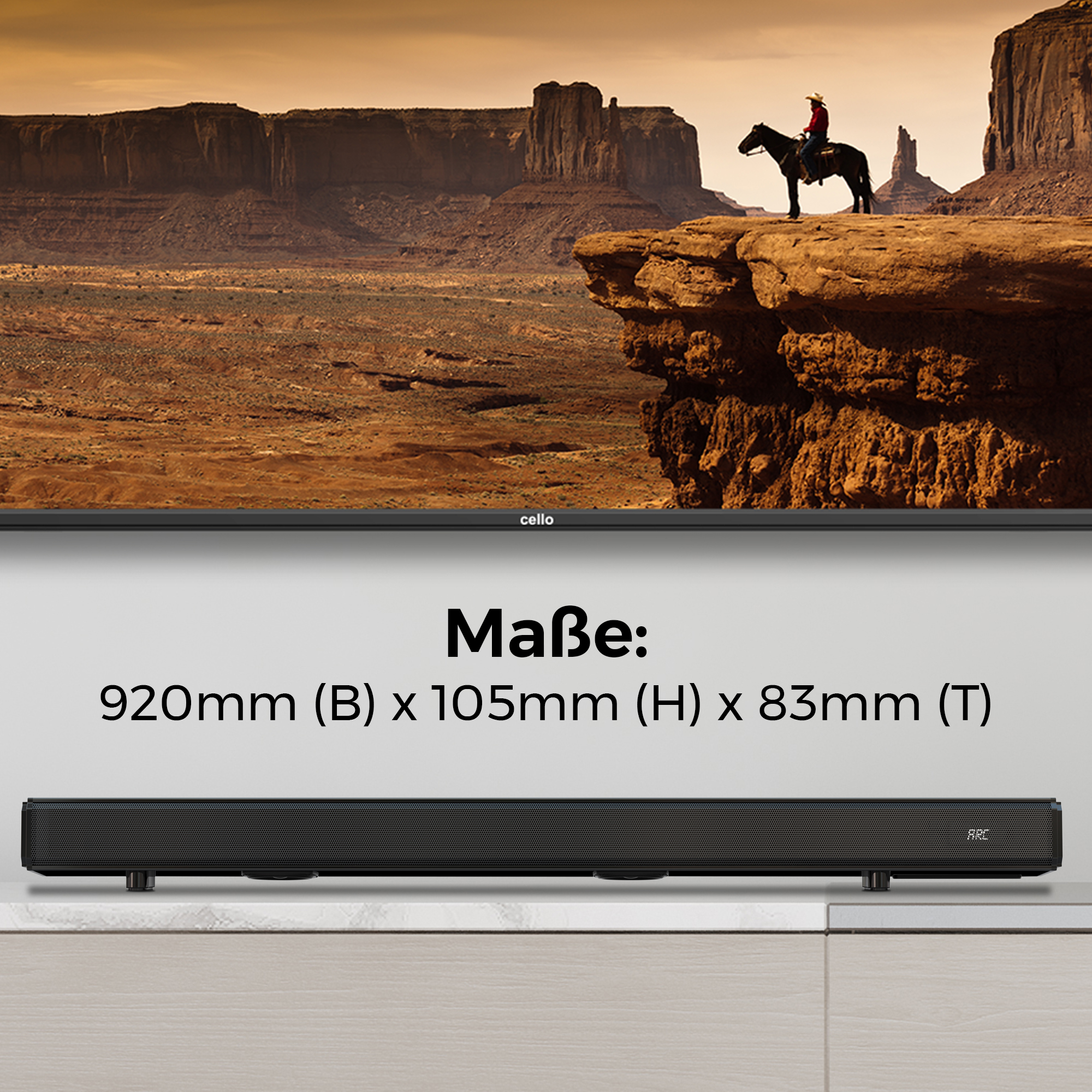 Ein schwarzer Soundbar mit Maßen 920x105x83mm auf einer Arbeitsplatte.