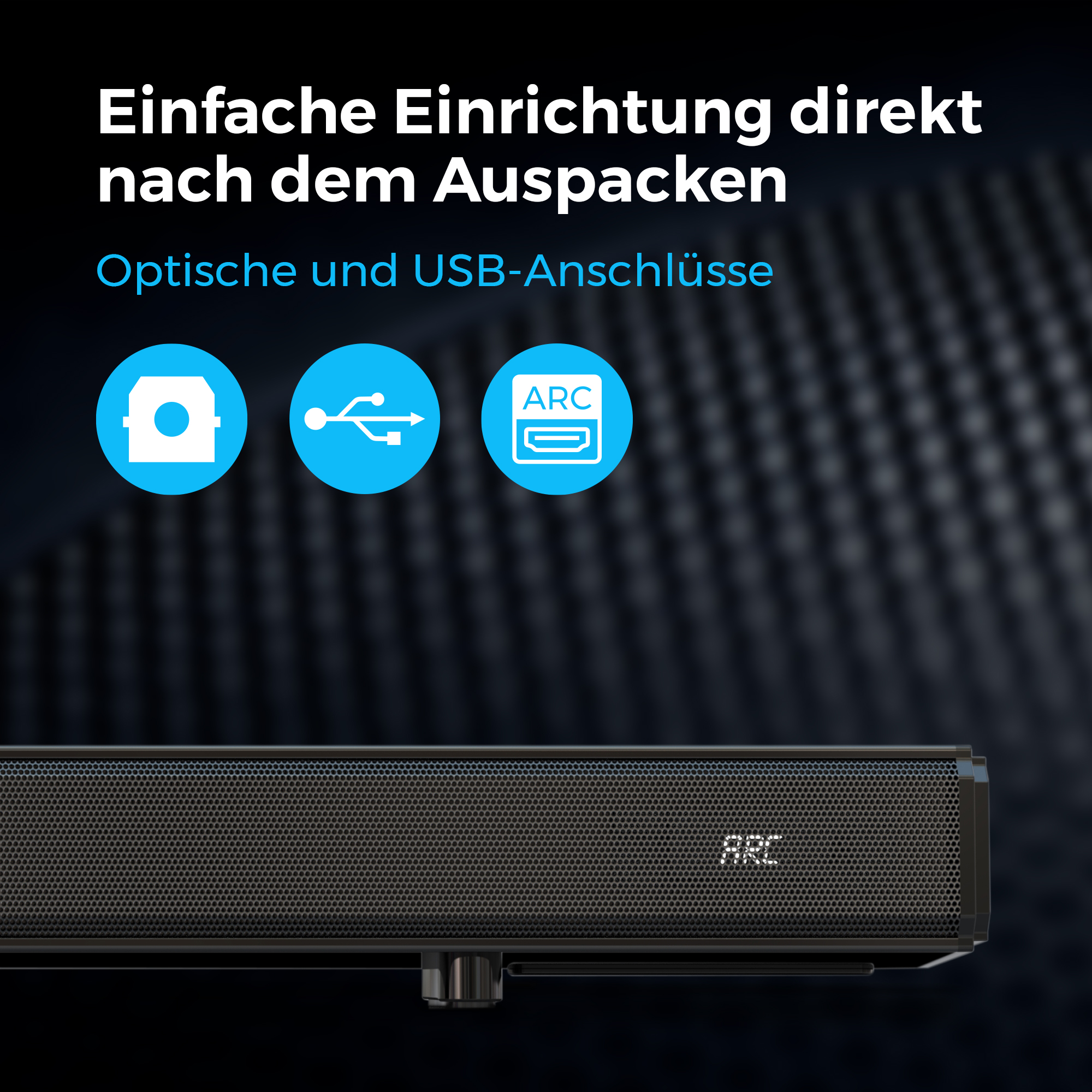 Schwarze Soundbar mit Symbolen für optische, USB- und ARC-Anschlüsse.