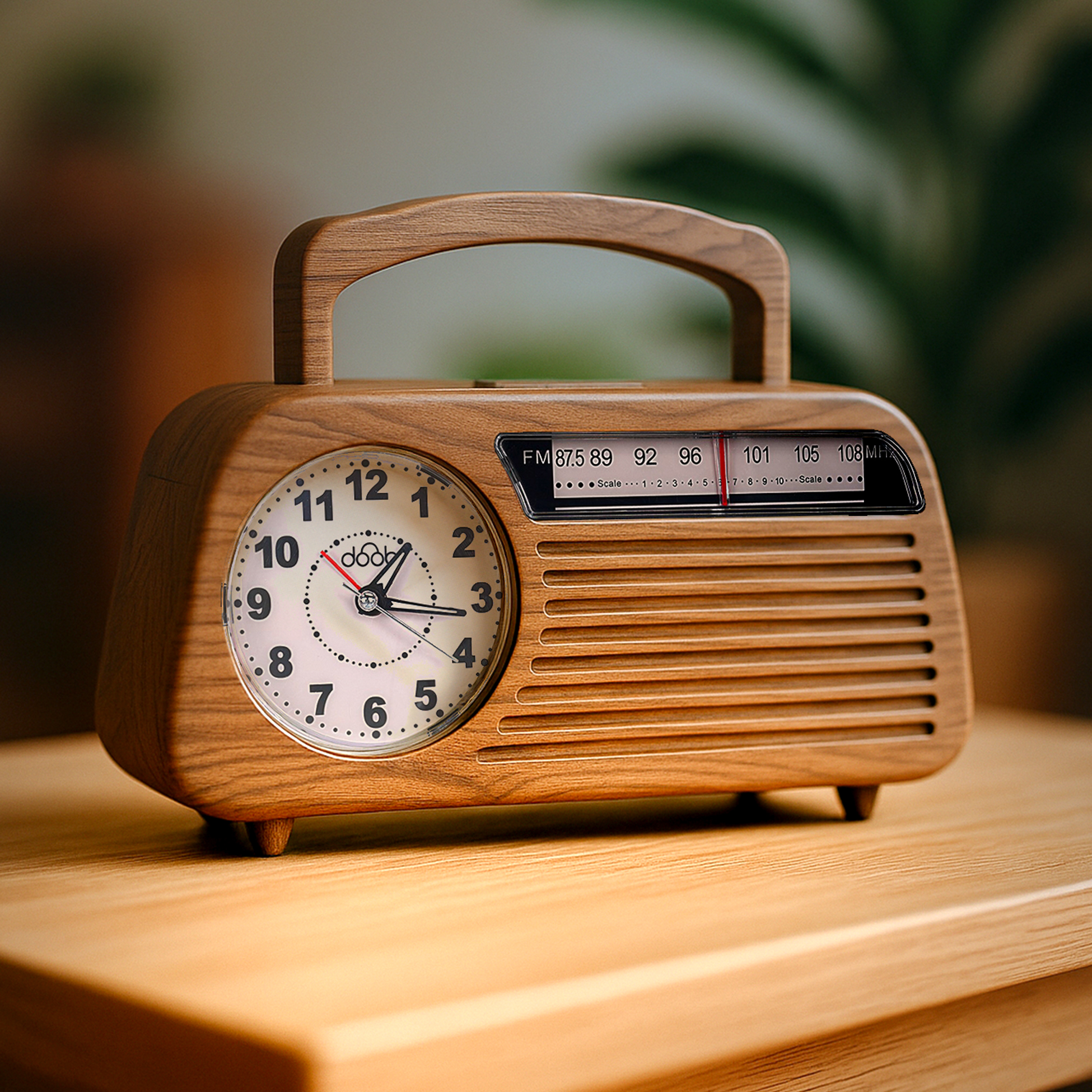Ahşap bir radyo, saat kadranı ve FM alıcısı bulunur.