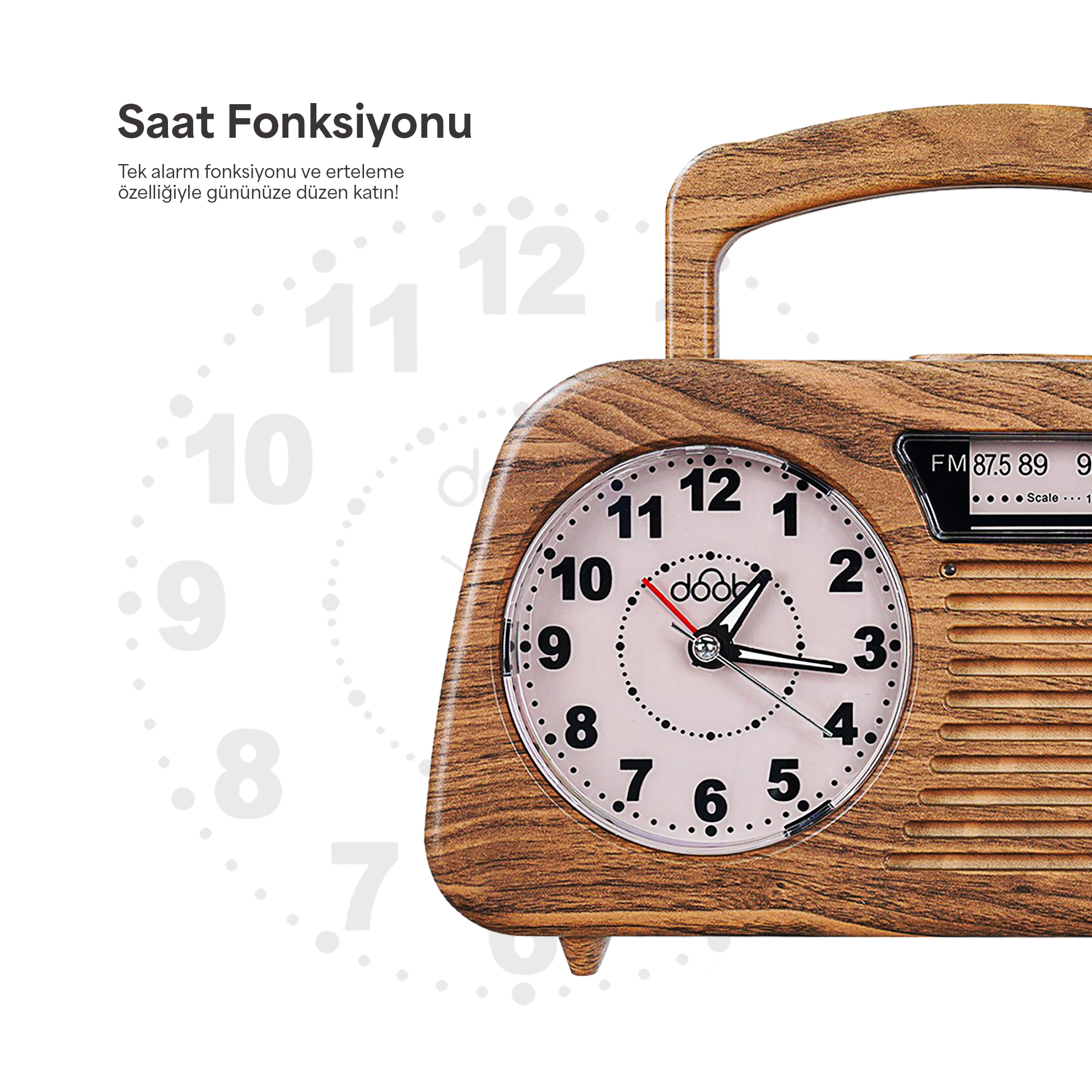 Ahşap görünümlü radyo, saat kadranı ve FM göstergeli.
