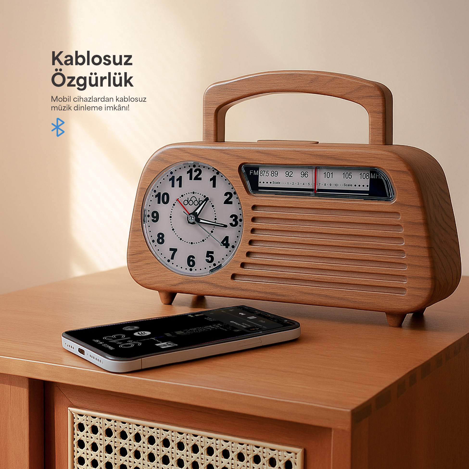Ahşap radyo ve saat, ahşap masada duran bir akıllı telefon.