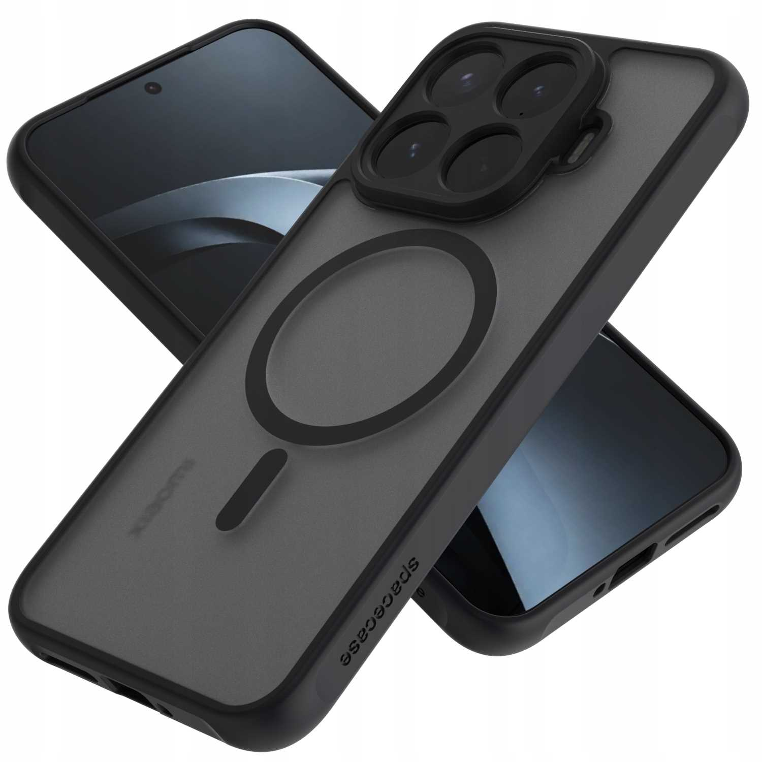 Czarne etui na telefon z pierścieniem MagSafe leży na smartfonie.