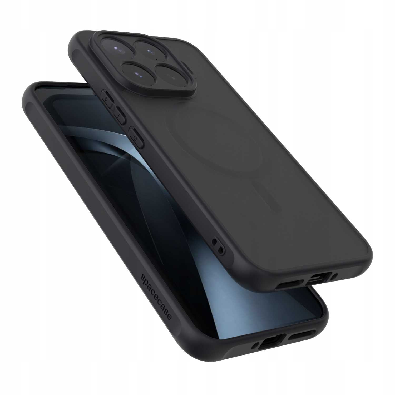 Czarne etui na telefon z wycięciem na aparat i logo 'spacecase'.