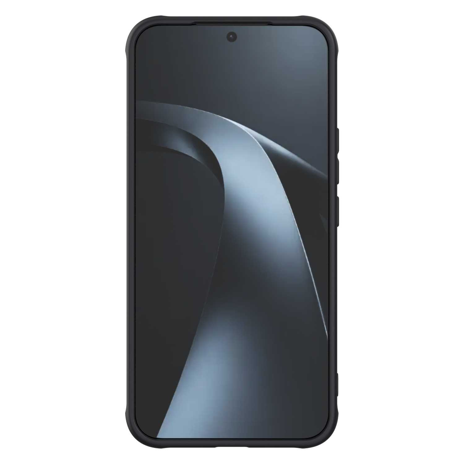 Czarny smartfon z ciemnym, abstrakcyjnym tłem na ekranie.