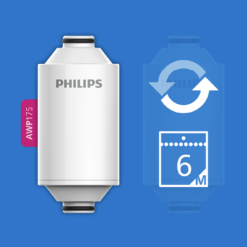 Weiße Philips Wasserfilterpatrone AWP175 mit blauer Wiederaufbereitungsanzeige.