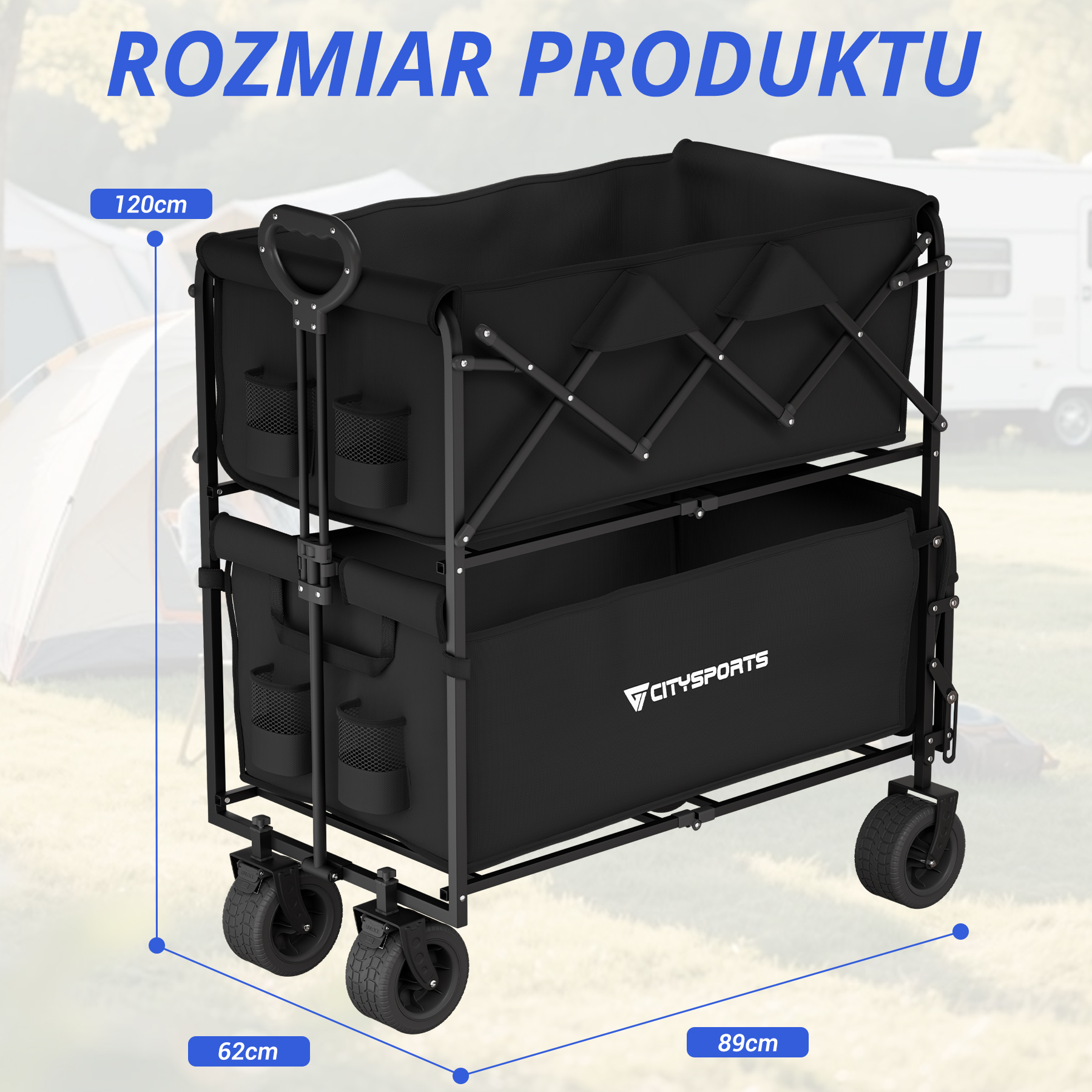 Czarny składany wózek terenowy dwupoziomowy, 120cm wysoki, 62cm szeroki, 89cm długi.