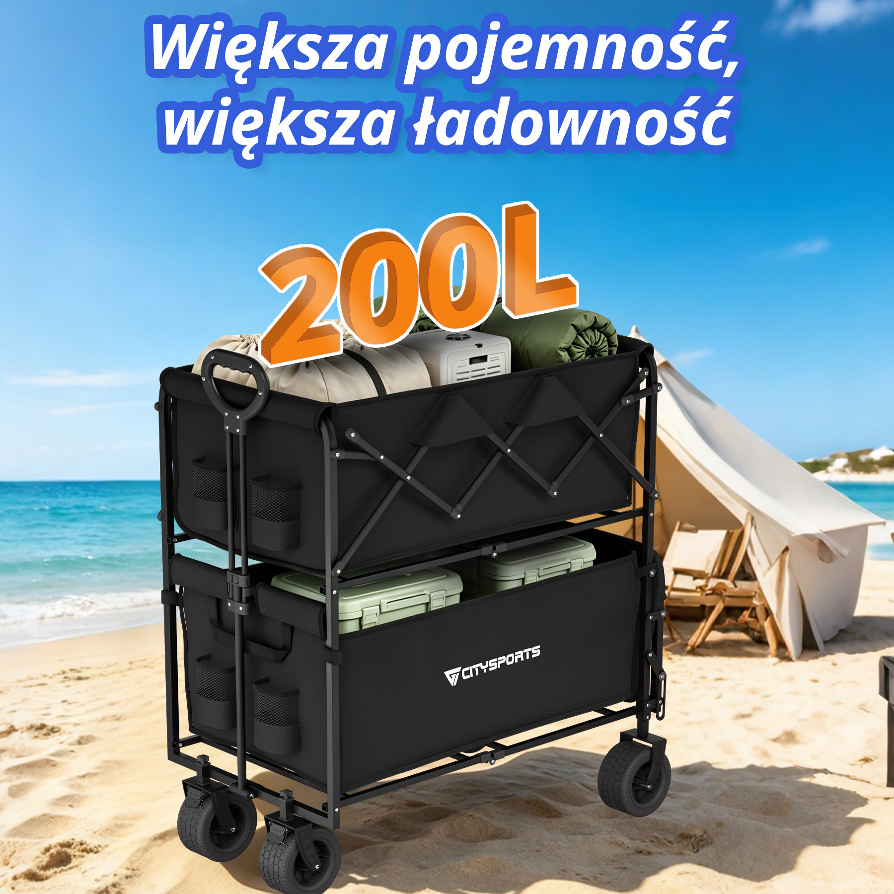 Dwupoziomowy czarny wózek plażowy wypełniony sprzętem kempingowym.
