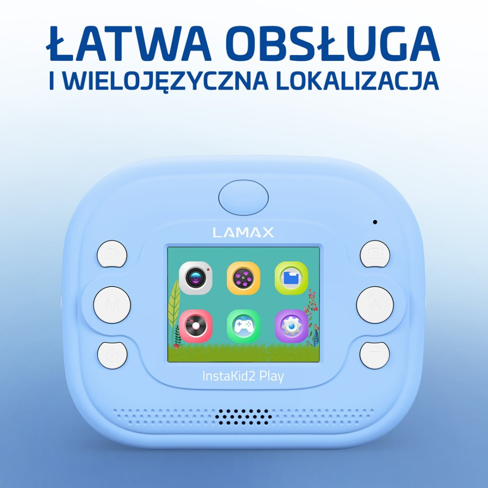 Niebieski LAMAX InstaKid2 Play z ikonami aplikacji na ekranie i przyciskami.