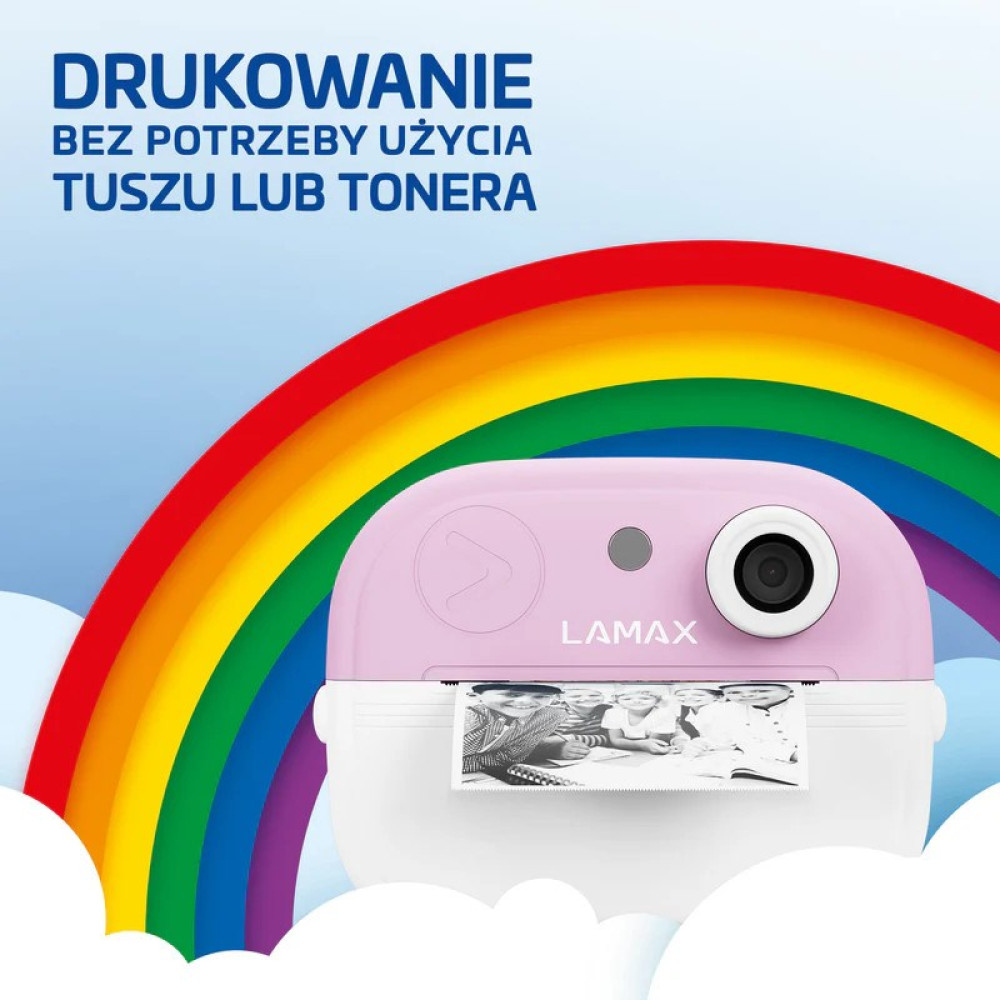 Różowa drukarka LAMAX drukuje czarno-białe zdjęcie pod tęczą.