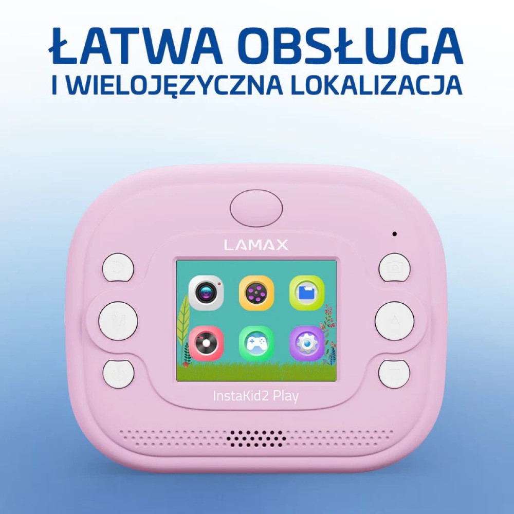 Różowy aparat dla dzieci z aplikacjami na ekranie i przyciskami.