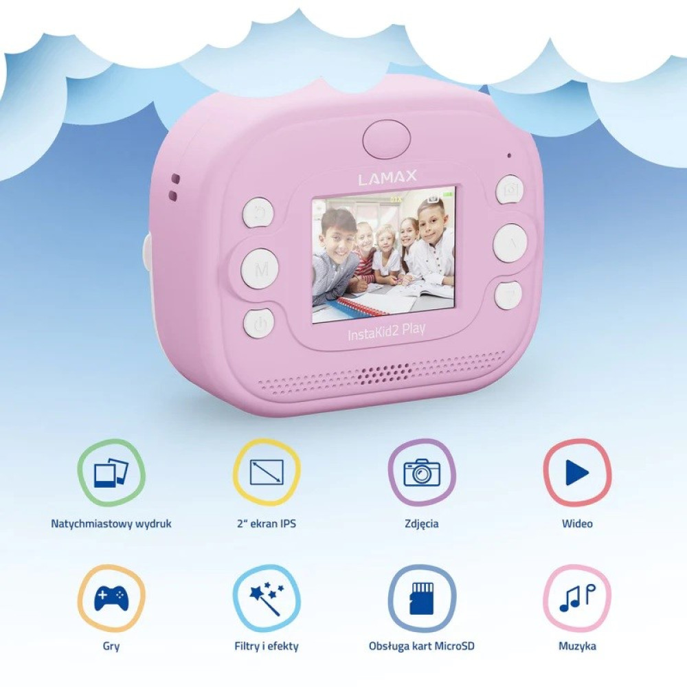 Różowa kamera dziecięca LAMAX Instakid2 Play z dziećmi na ekranie.