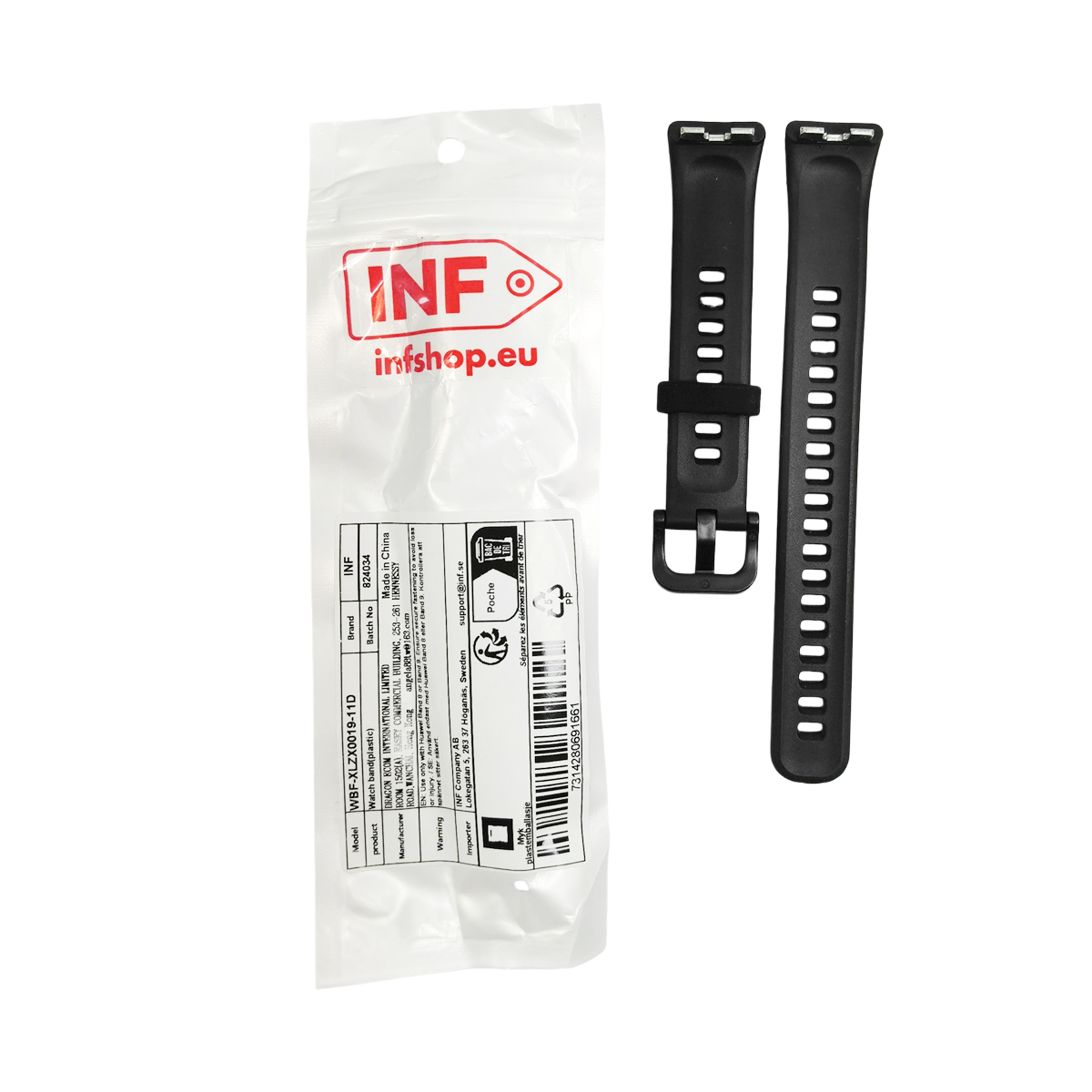 Schwarze Plastik-Uhrenarmbänder in Verpackung mit INF-Logo und Produktinformationen.