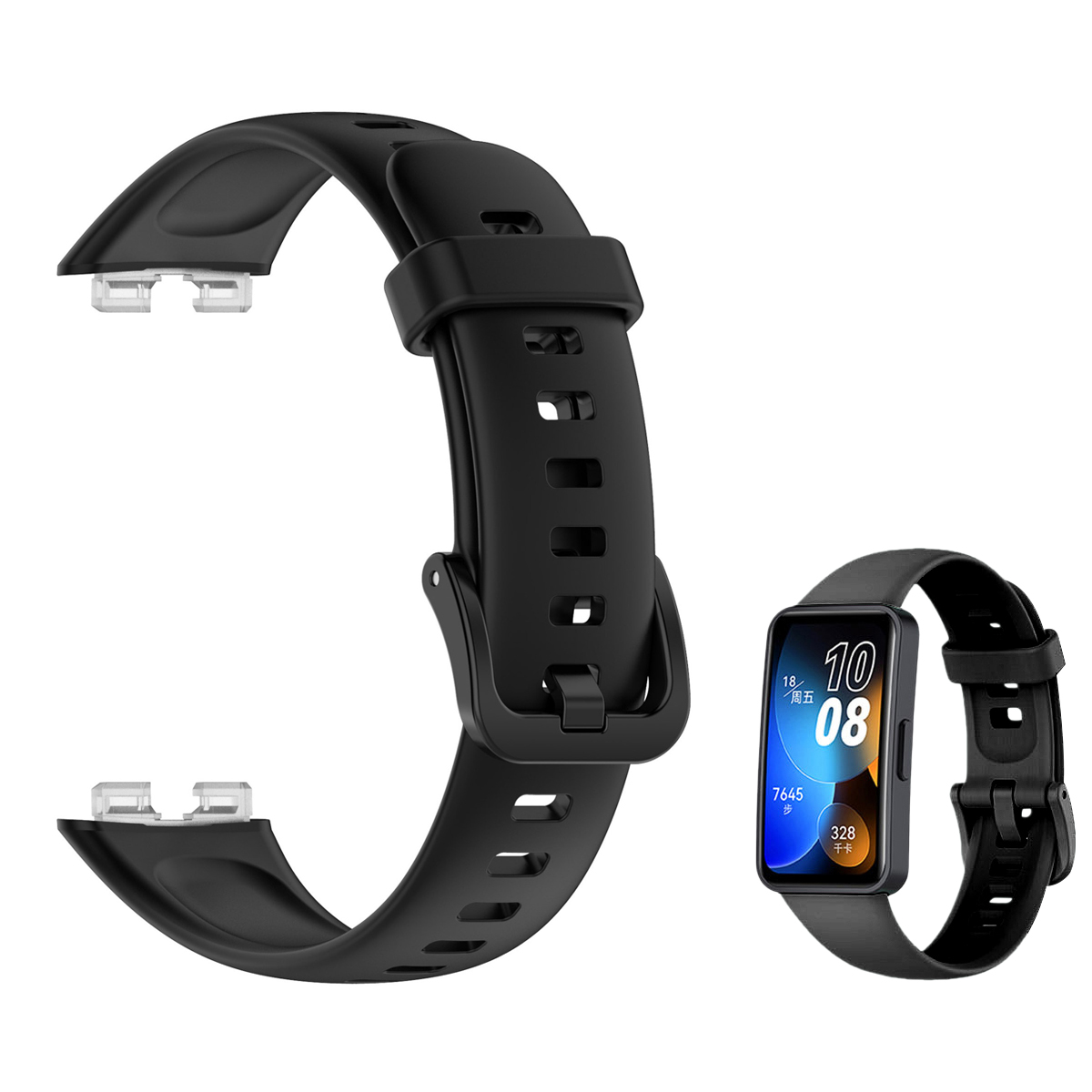 Schwarzes Armband für Smartwatch mit digitalen Ziffernblatt-Anzeige.