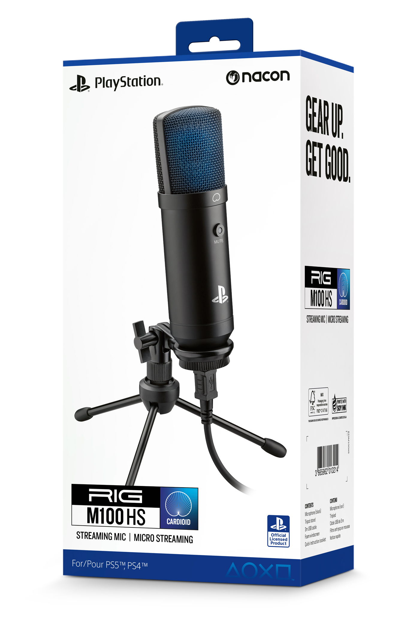 Verpackung eines schwarzen Nacon RIG M100 HS Streaming-Mikrofons mit Stativ.