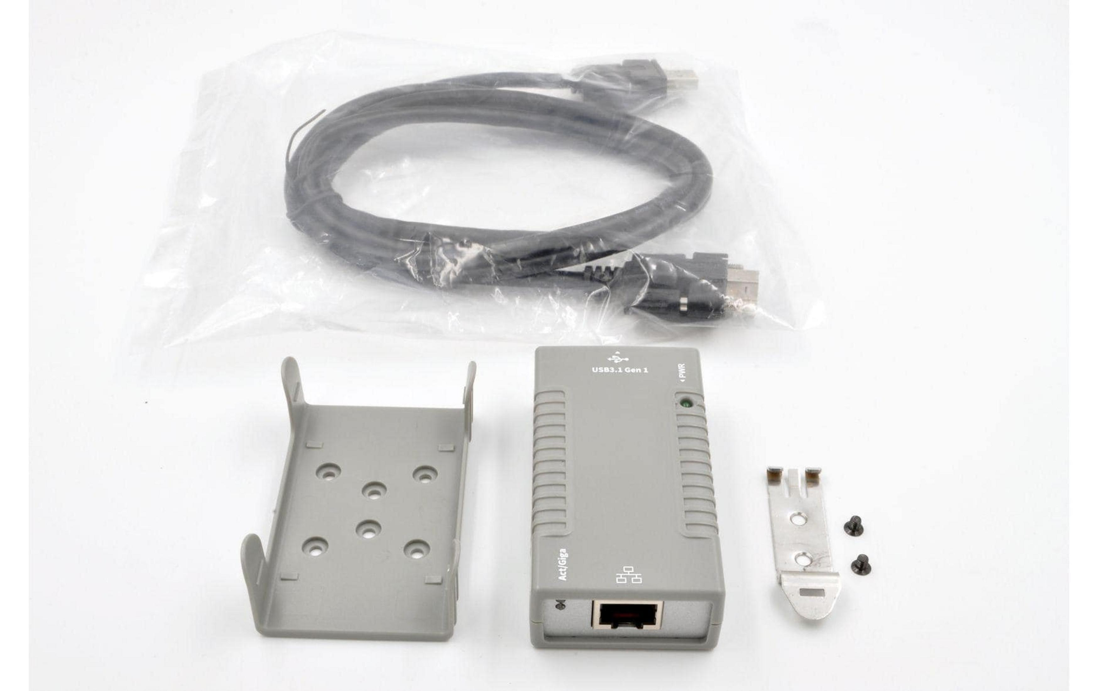 Grauer USB 3.1 Gen 1 Ethernet-Adapter mit Kabel, Halterung und Schrauben.