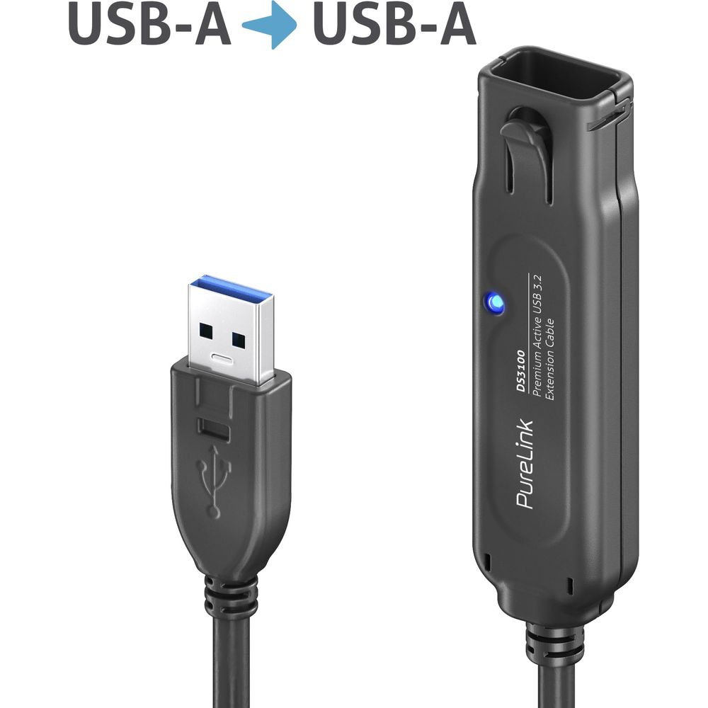 Zwei schwarze USB-A-Kabel. Eines hat einen blau linierten Stecker, das andere eine Verlängerung.