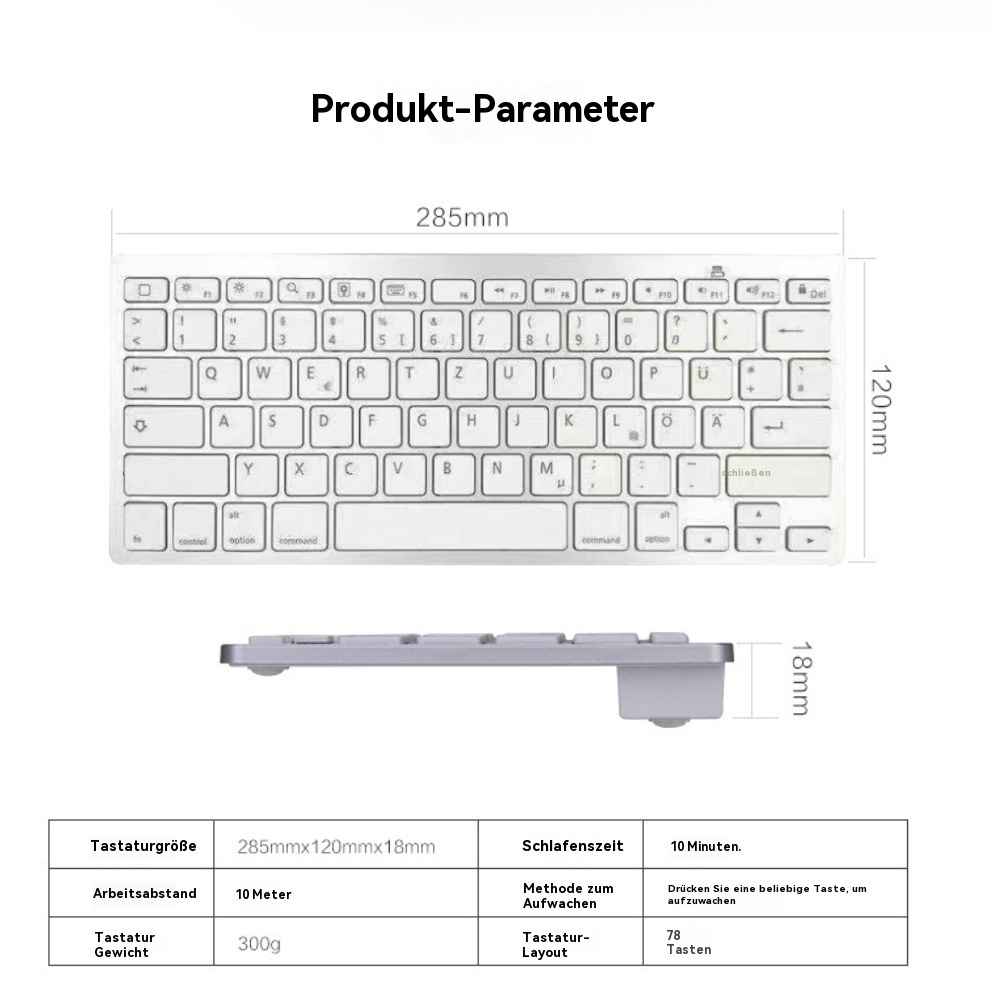 Weiße Tastatur mit deutschen Tasten, Maße 285x120x18mm, 300g.