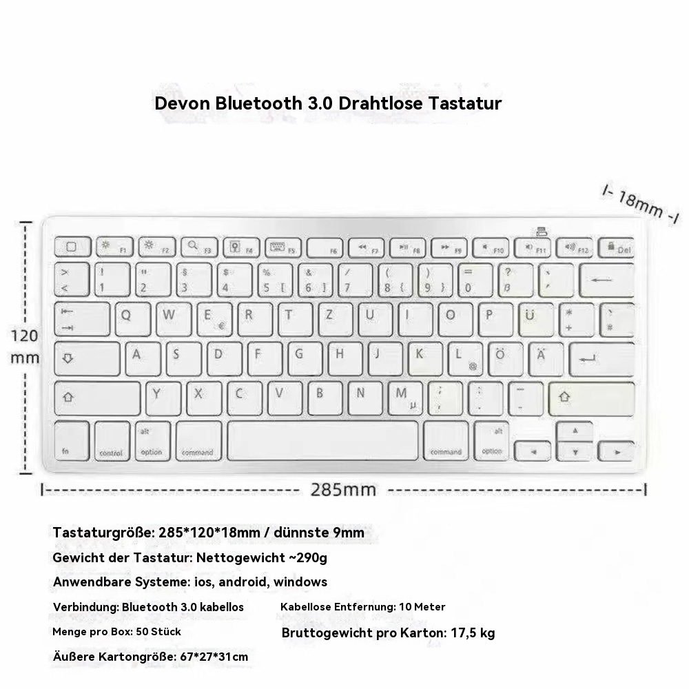 Eine weiße Bluetooth-Tastatur mit deutschen Tasten und Abmessungen.