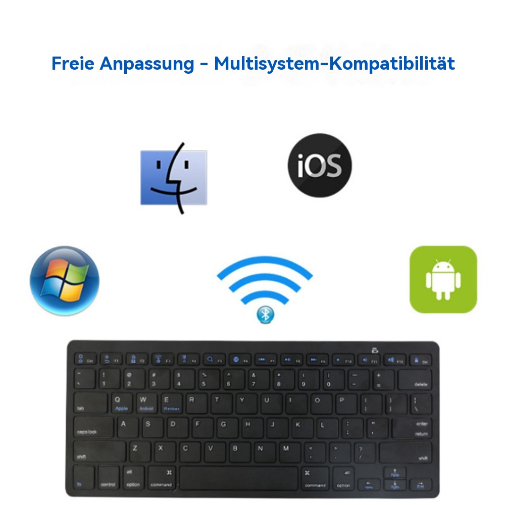 Schwarze Tastatur mit Logos von Windows, Mac, iOS und Android.