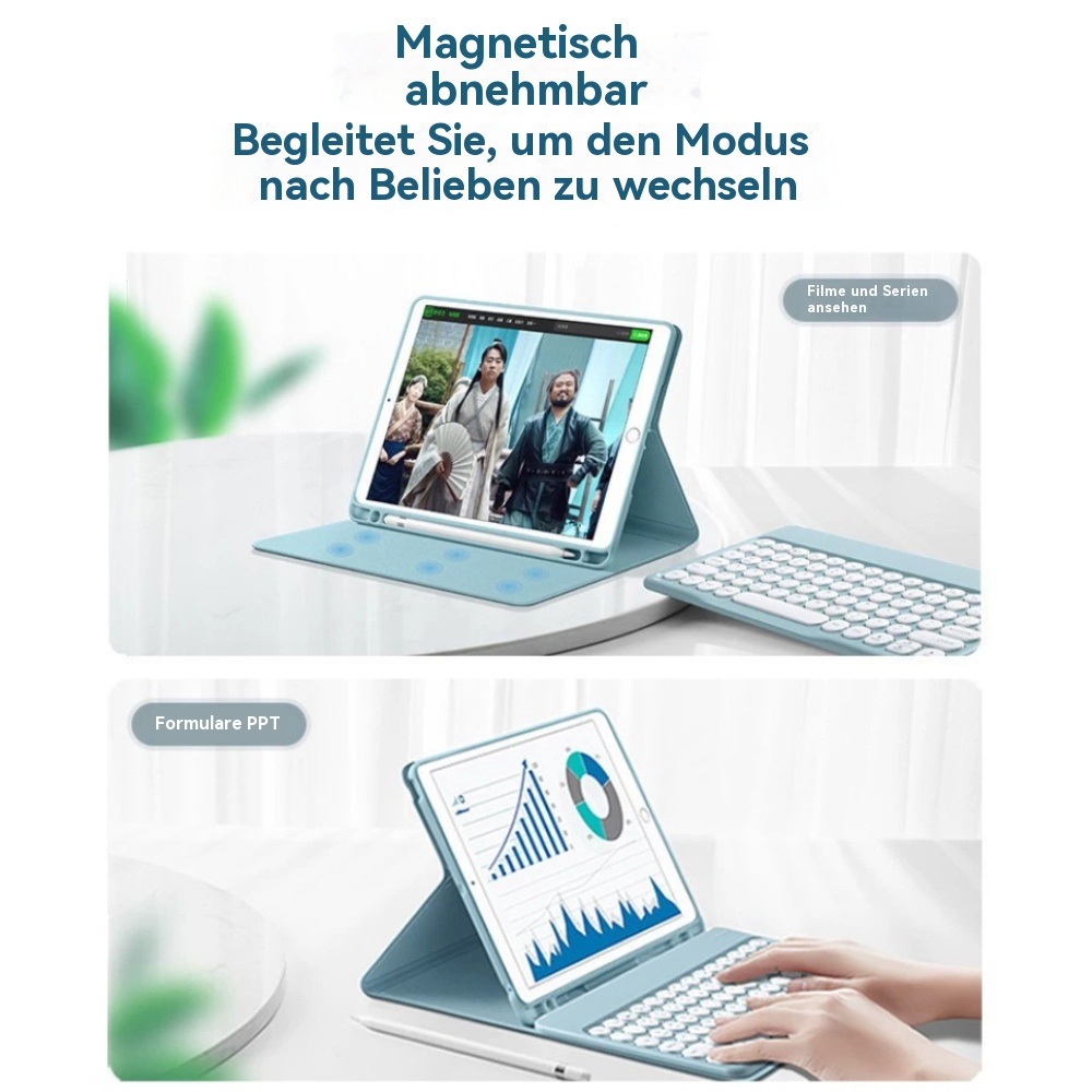 Zwei Tablets mit Tastaturen: eins zeigt Film, eins zeigt Diagramme.