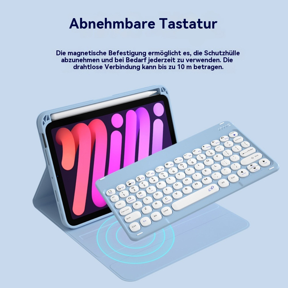 Ein hellblaues Tablet mit Stift und abnehmbarer Tastatur auf einem hellblauen Untergrund.