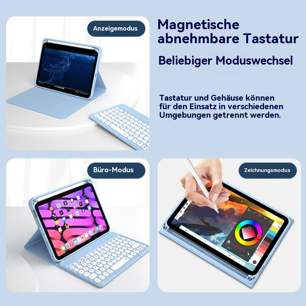 Ein hellblaues Tablet mit abnehmbarer Tastatur in verschiedenen Modi.