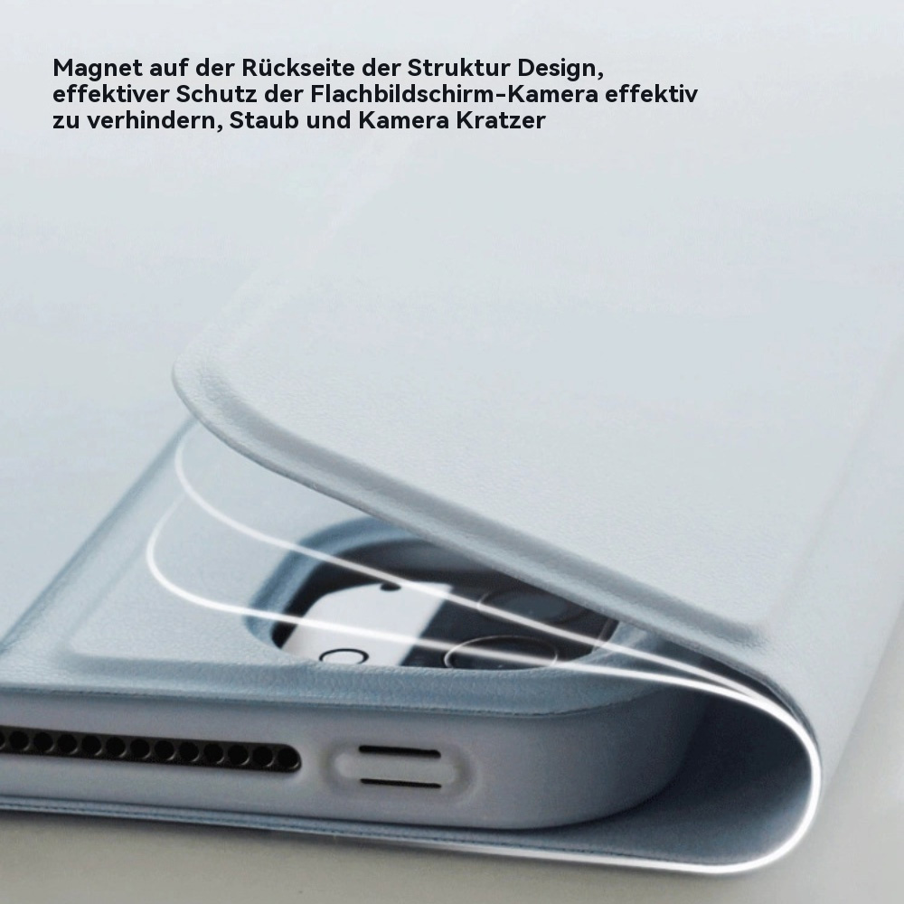 Ein hellblaues Tablet mit einer abnehmbaren Hülle, die die Kamera abdeckt.