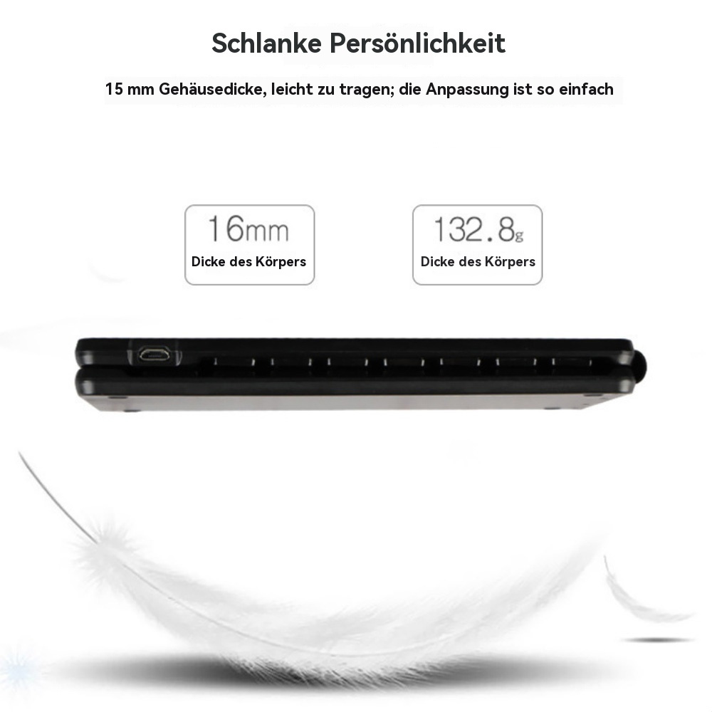 Schlankes Gerät mit 16mm Dicke und 132.8g Gewicht, darunter eine Feder.