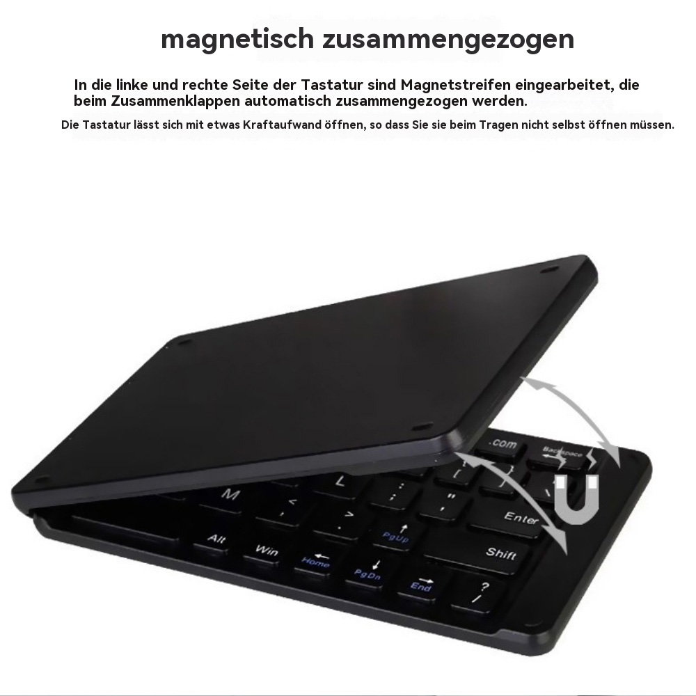 Schwarze Tastatur mit offenem Deckel, der magnetisch schließt.
