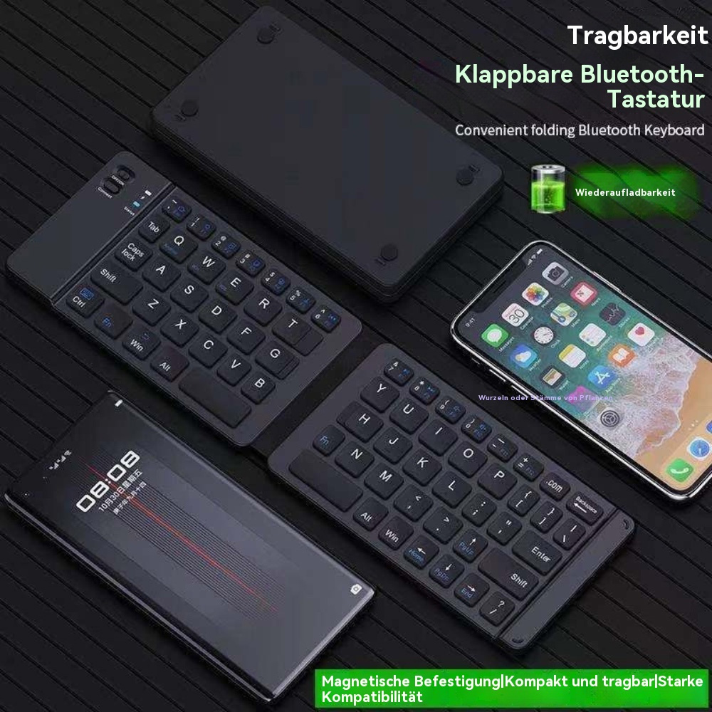 Schwarze faltbare Bluetooth-Tastatur mit Smartphones und einer Ladeanzeige.