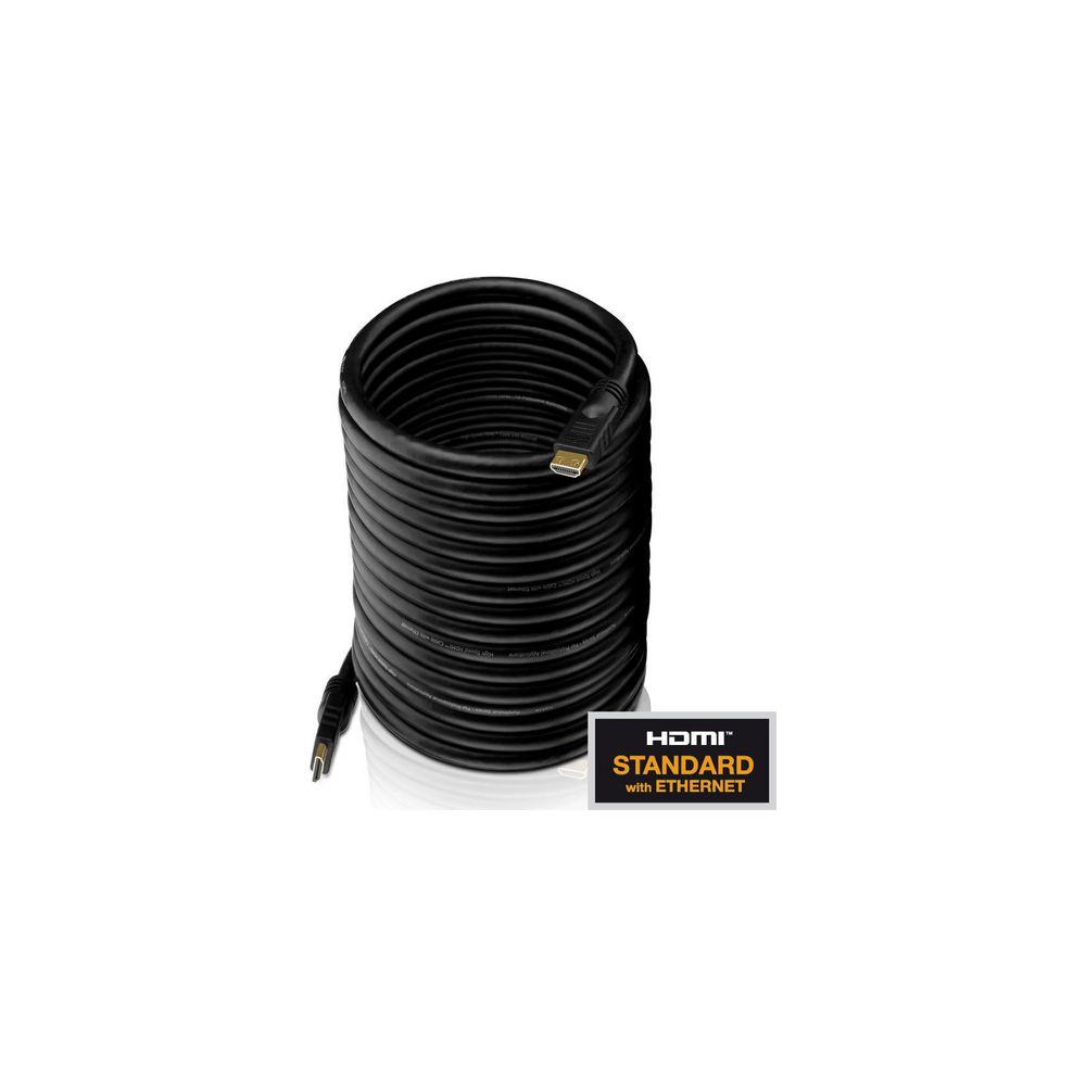 Ein aufgerolltes schwarzes HDMI-Kabel mit goldenem Stecker und einem Label HDMI Standard mit Ethernet.