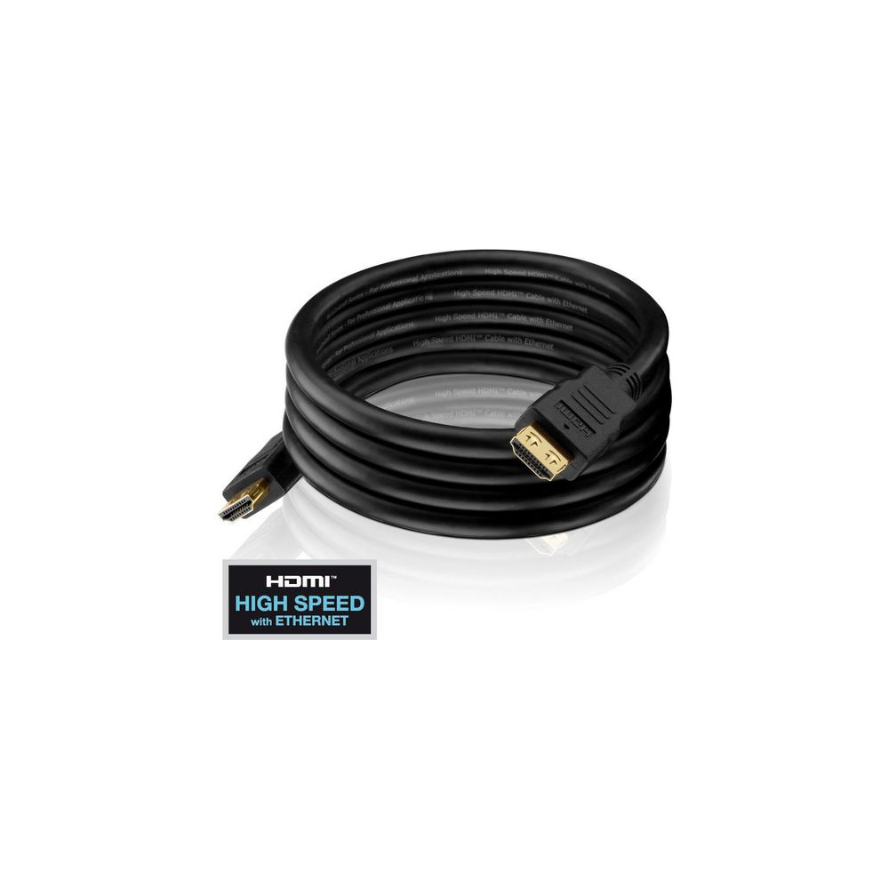 Schwarzes HDMI-Kabel mit vergoldeten Anschlüssen, auf weißem Hintergrund.